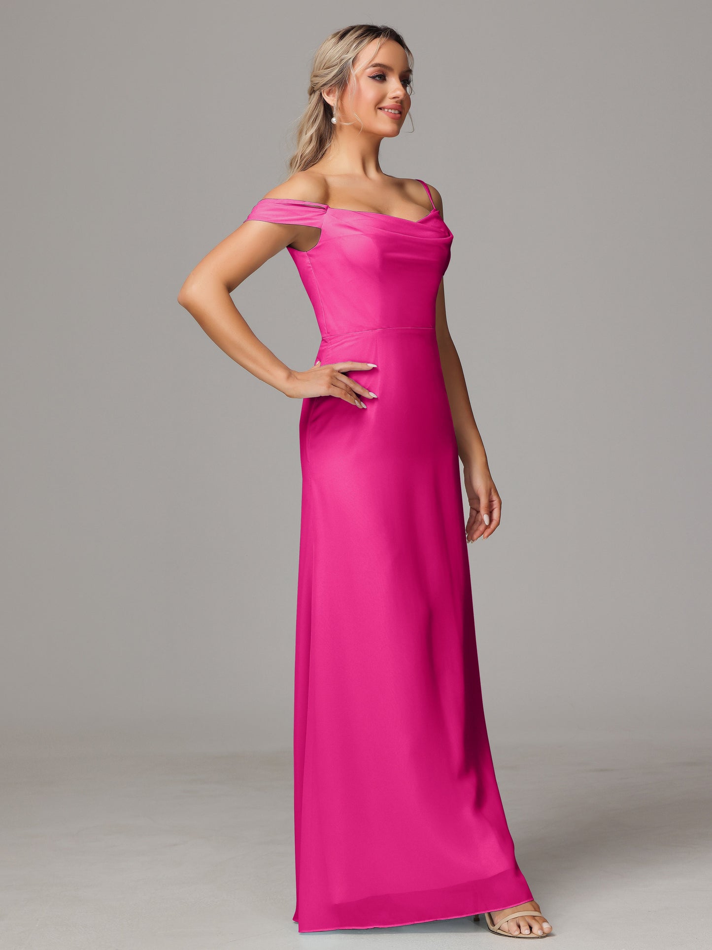 Spaghetti Straps Off The Shoulder Chiffon Bridesmaid Dress With Slit
