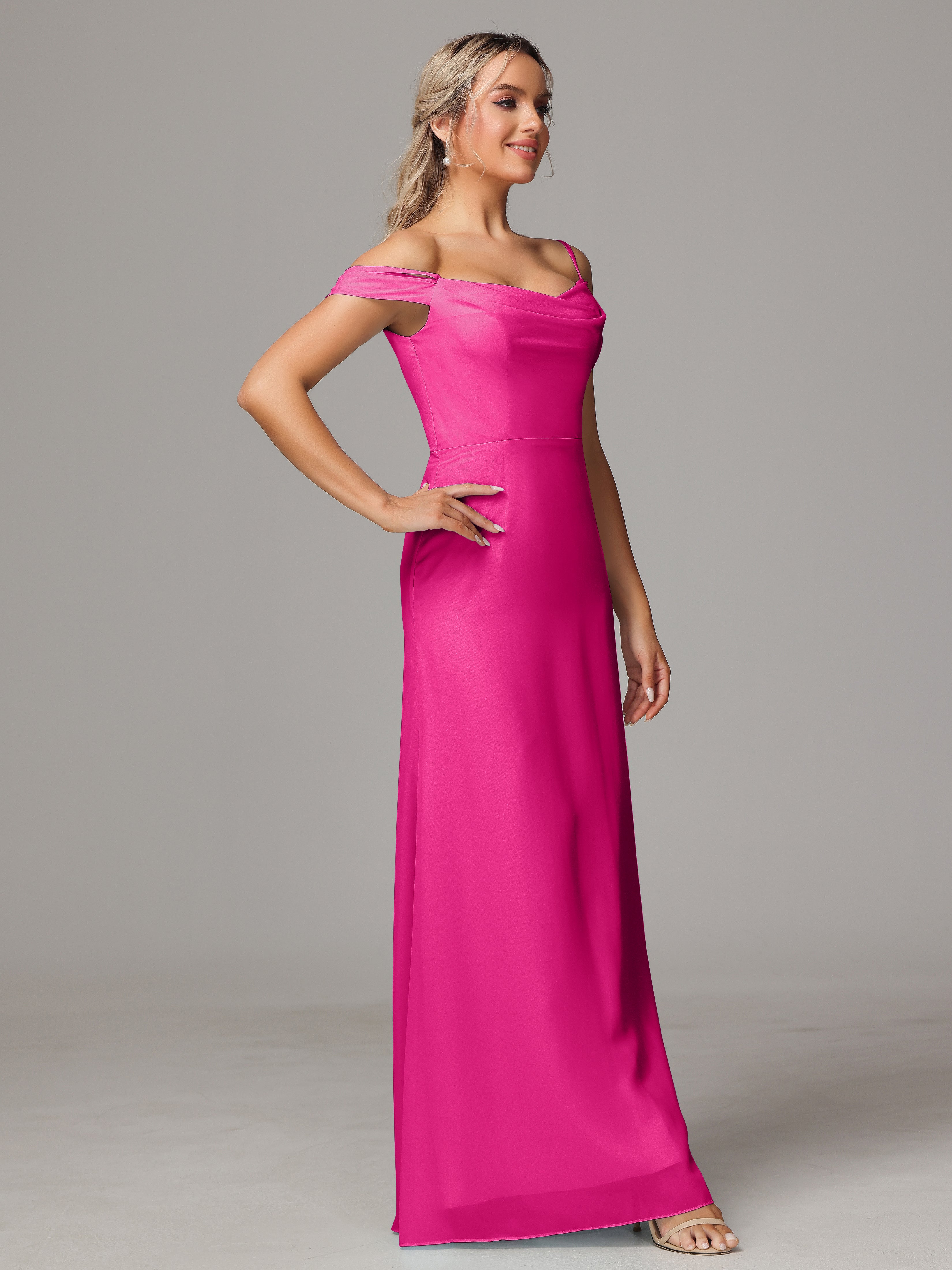 Spaghetti Straps Off The Shoulder Chiffon Bridesmaid Dress With Slit