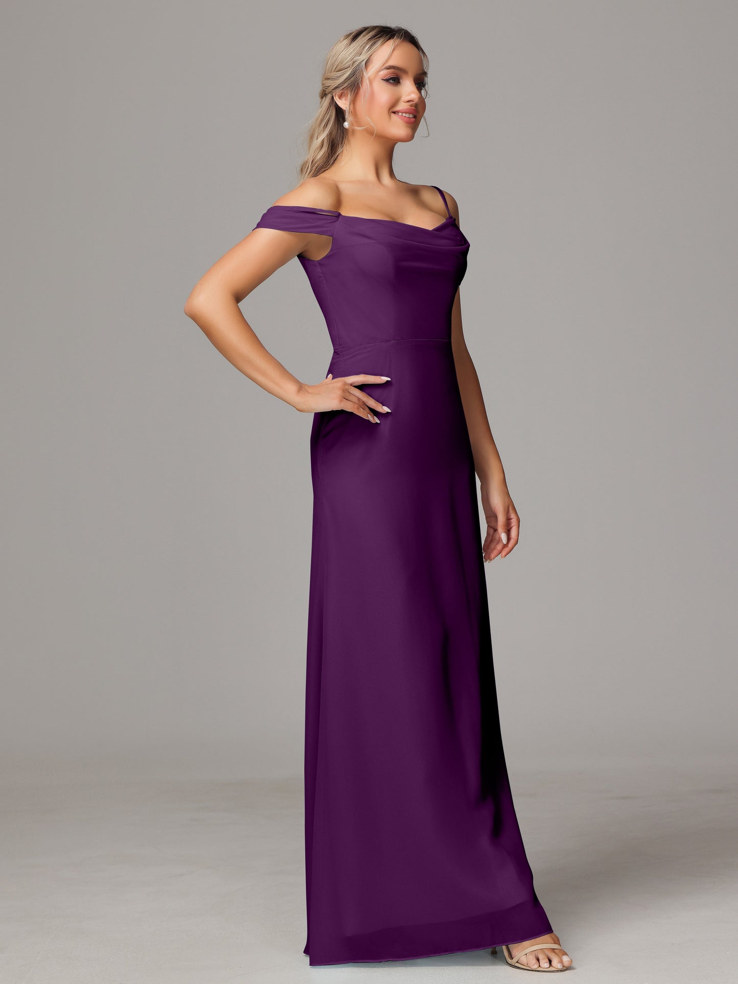 Spaghetti Straps Off The Shoulder Chiffon Bridesmaid Dress With Slit