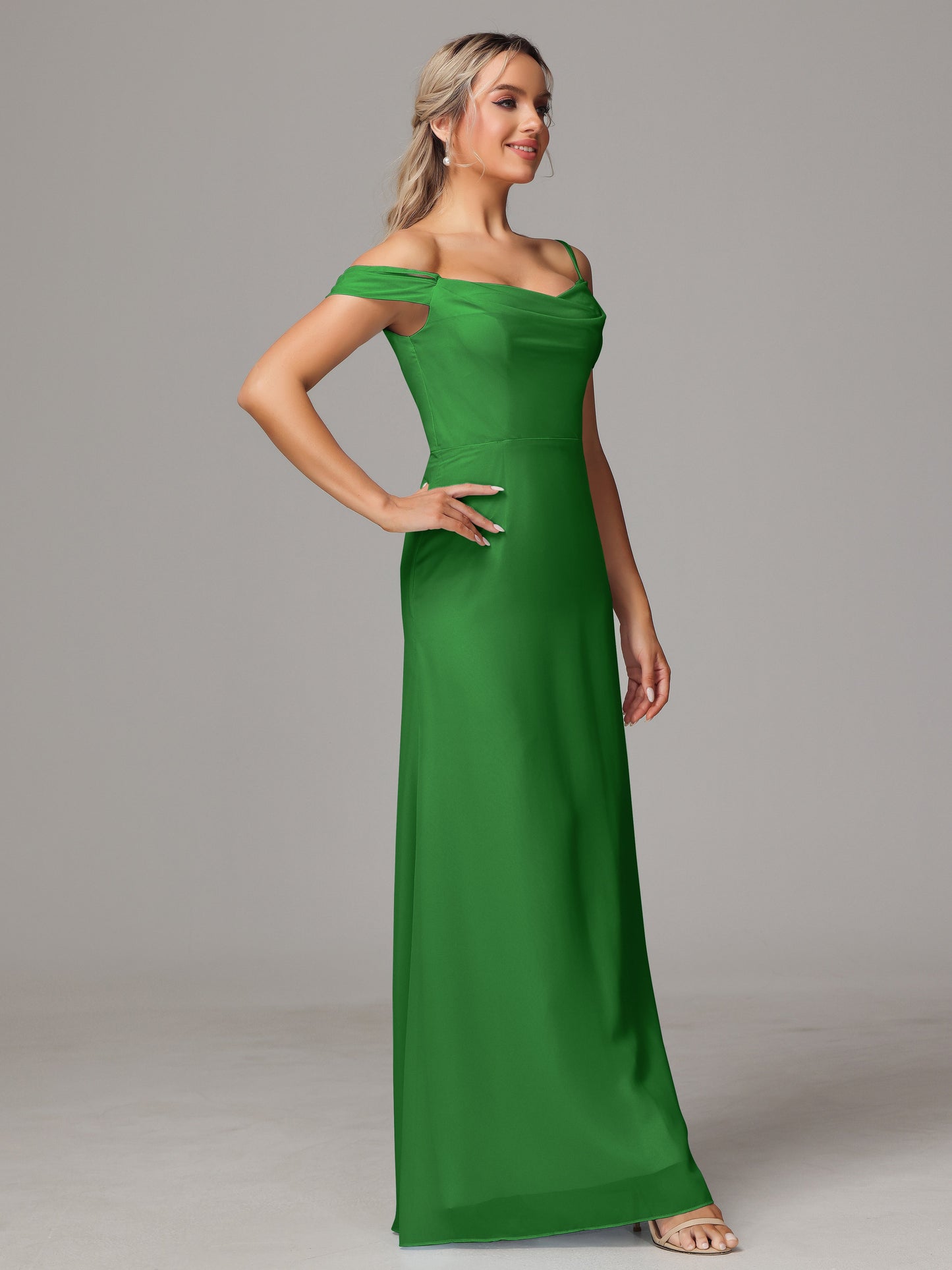 Spaghetti Straps Off The Shoulder Chiffon Bridesmaid Dress With Slit