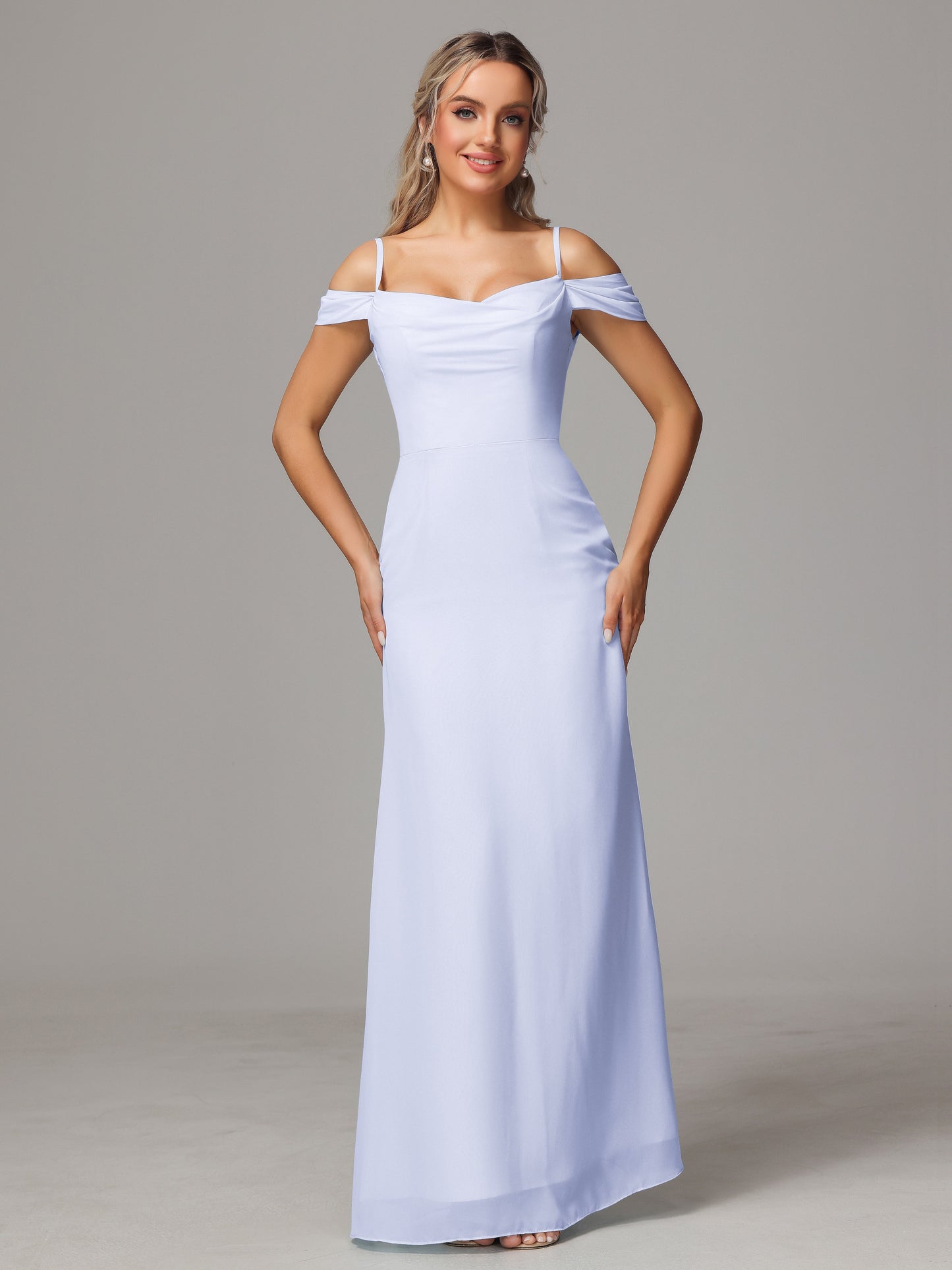 Spaghetti Straps Off The Shoulder Chiffon Bridesmaid Dress With Slit