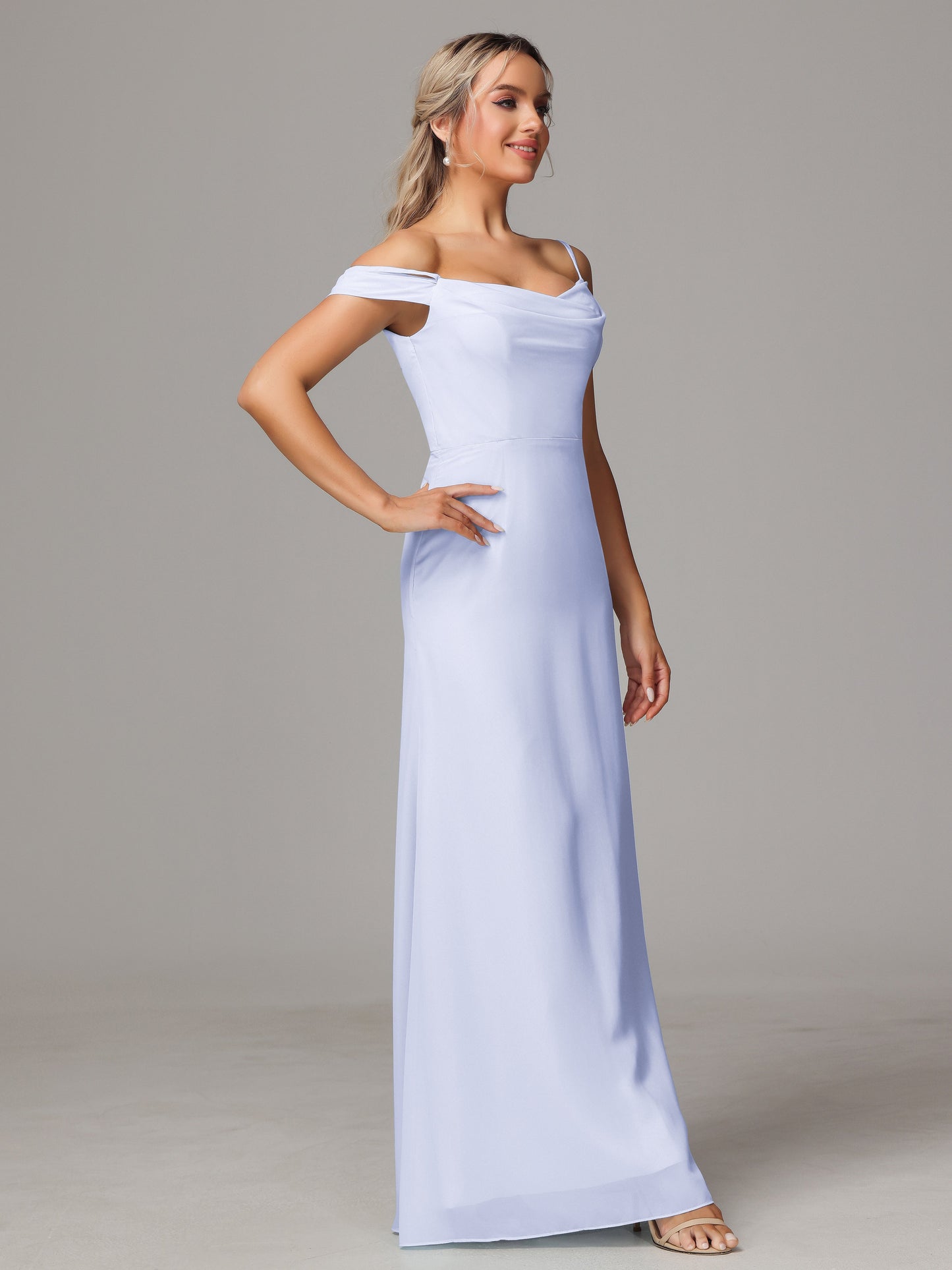 Spaghetti Straps Off The Shoulder Chiffon Bridesmaid Dress With Slit