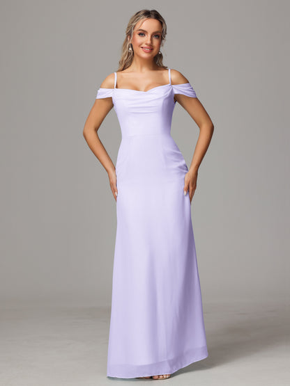 Spaghetti Straps Off The Shoulder Chiffon Bridesmaid Dress With Slit