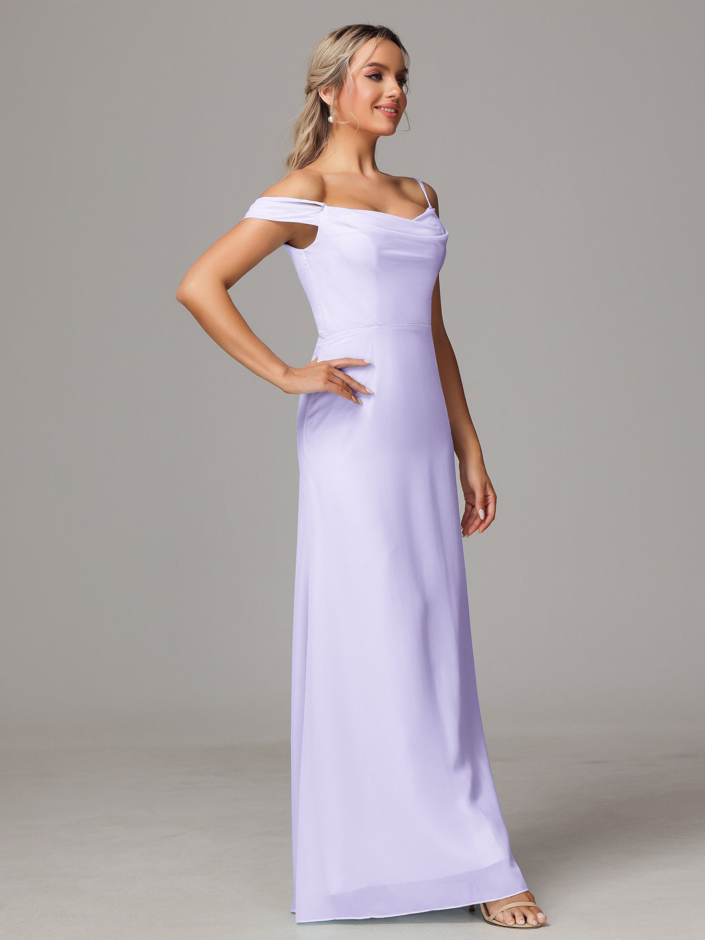 Spaghetti Straps Off The Shoulder Chiffon Bridesmaid Dress With Slit