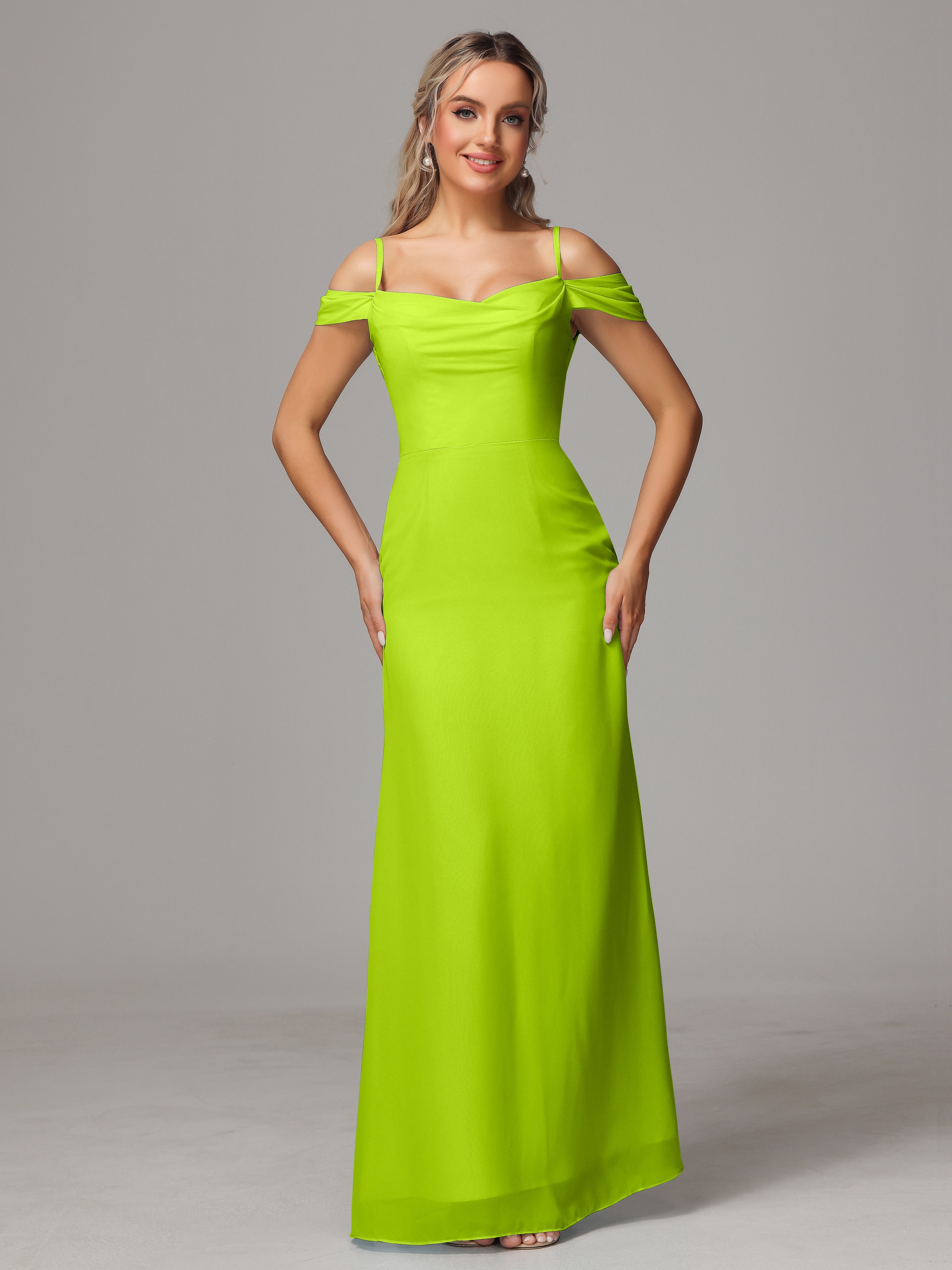 Spaghetti Straps Off The Shoulder Chiffon Bridesmaid Dress With Slit