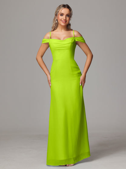 Spaghetti Straps Off The Shoulder Chiffon Bridesmaid Dress With Slit