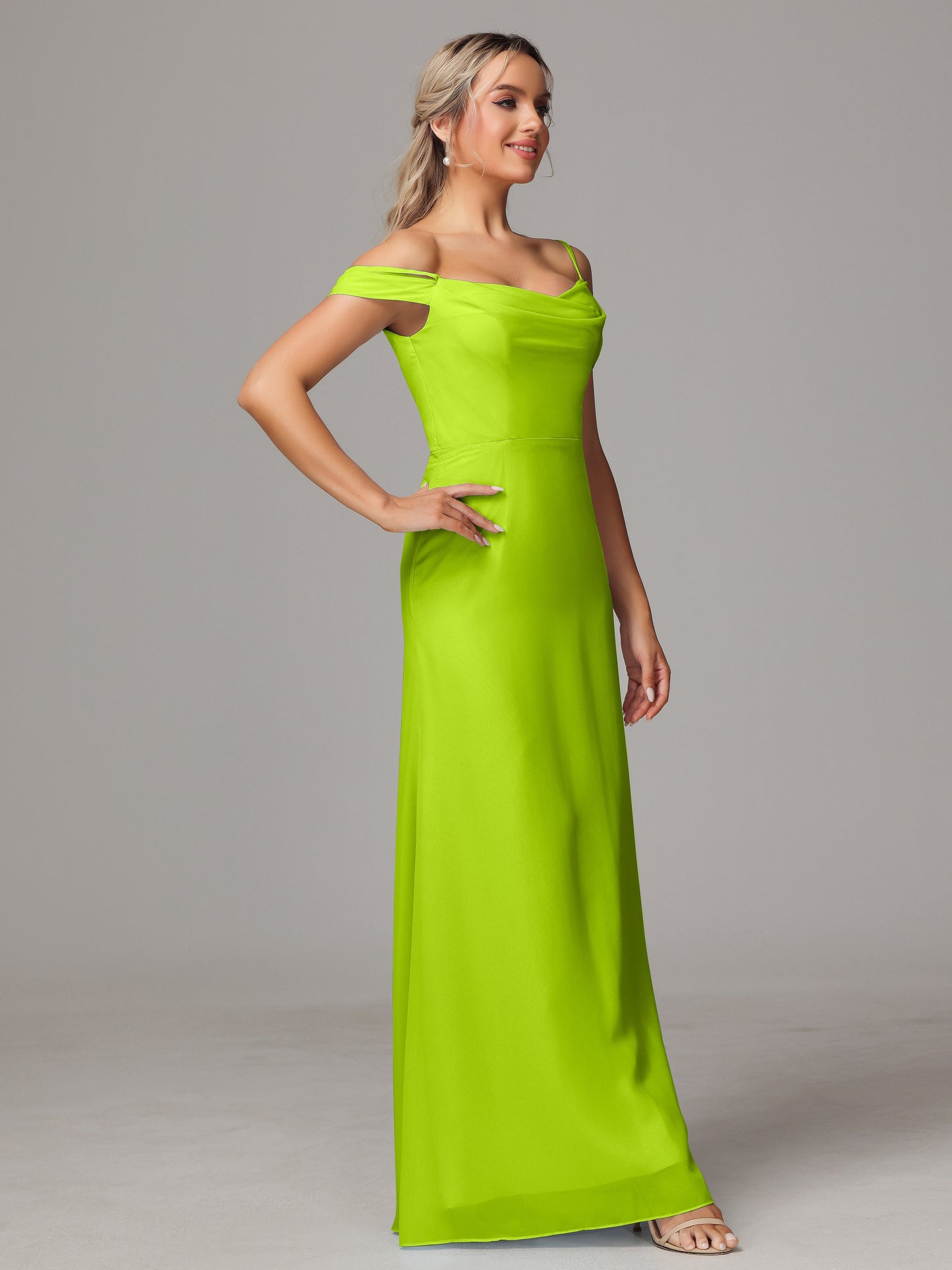 Spaghetti Straps Off The Shoulder Chiffon Bridesmaid Dress With Slit