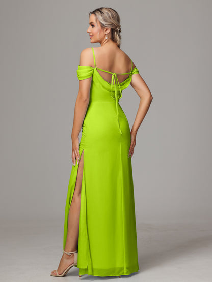 Spaghetti Straps Off The Shoulder Chiffon Bridesmaid Dress With Slit