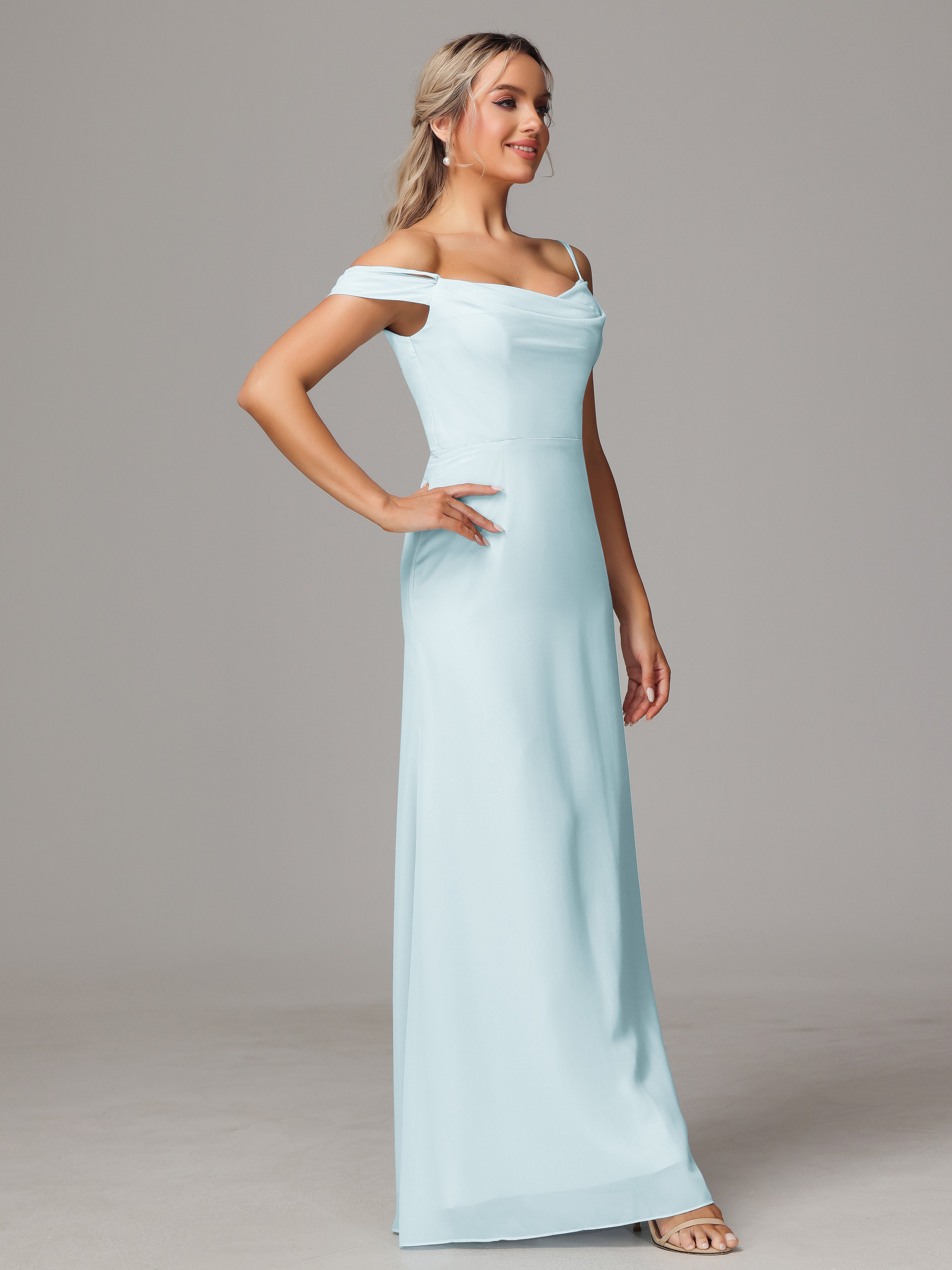 Spaghetti Straps Off The Shoulder Chiffon Bridesmaid Dress With Slit