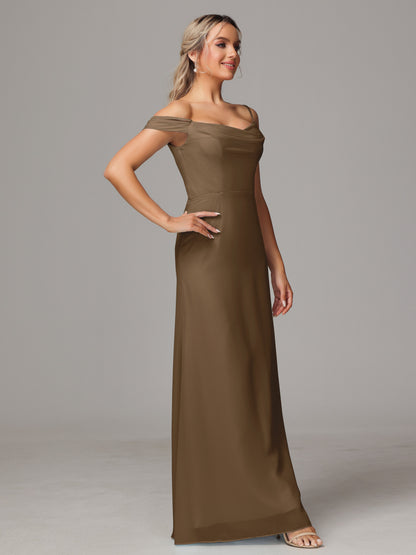 Spaghetti Straps Off The Shoulder Chiffon Bridesmaid Dress With Slit