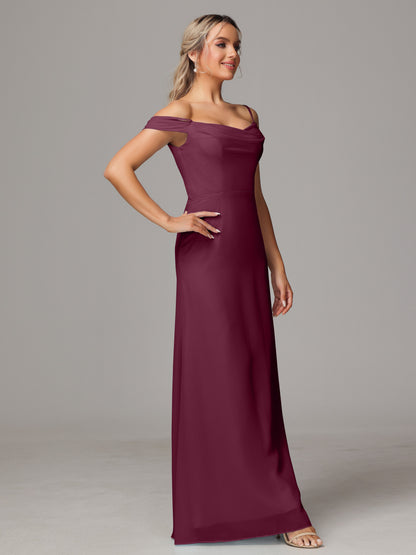 Spaghetti Straps Off The Shoulder Chiffon Bridesmaid Dress With Slit