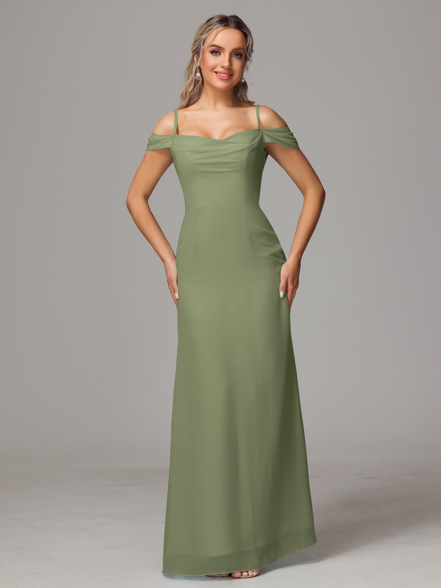 Spaghetti Straps Off The Shoulder Chiffon Bridesmaid Dress With Slit