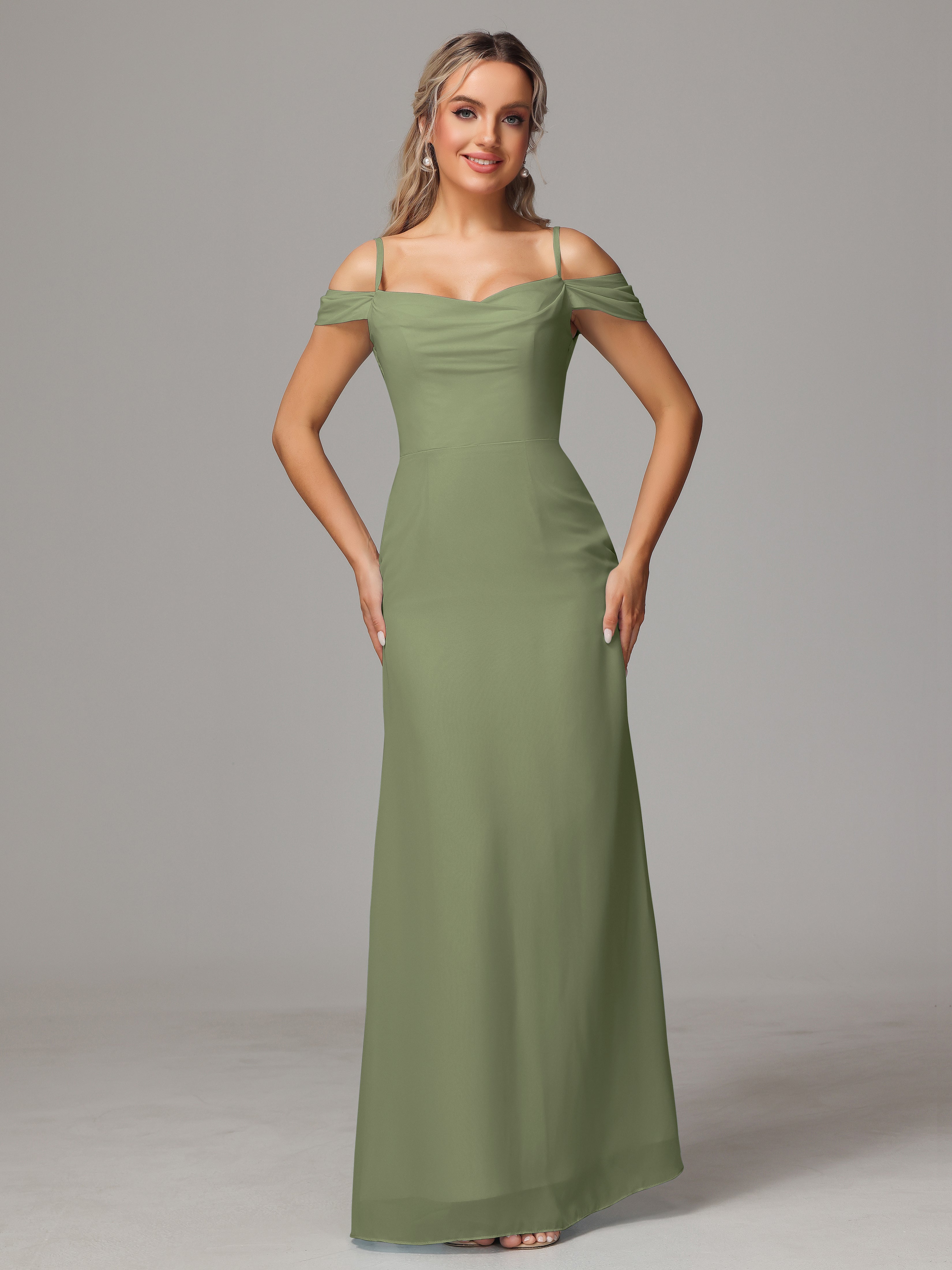 Spaghetti Straps Off The Shoulder Chiffon Bridesmaid Dress With Slit