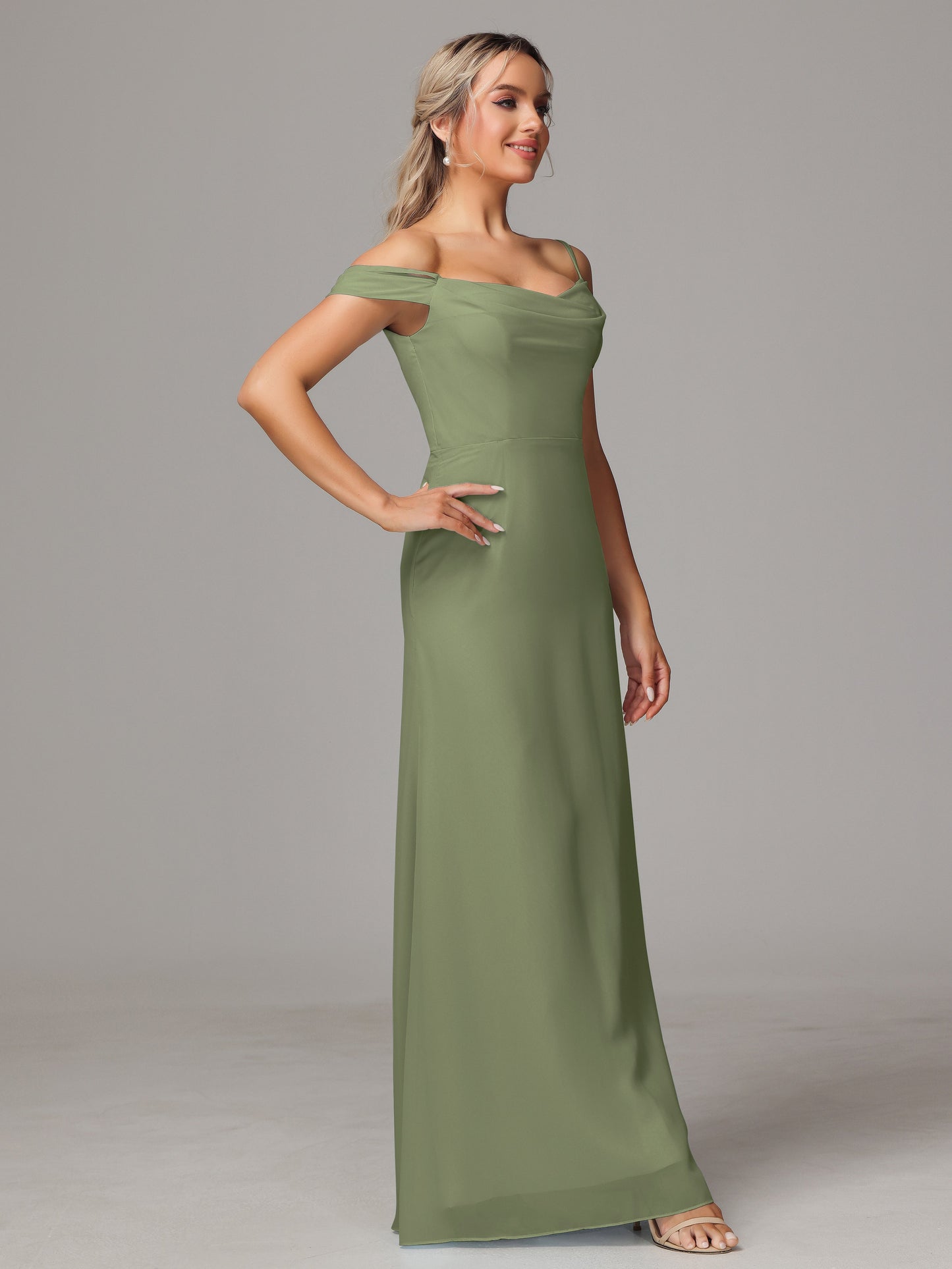Spaghetti Straps Off The Shoulder Chiffon Bridesmaid Dress With Slit