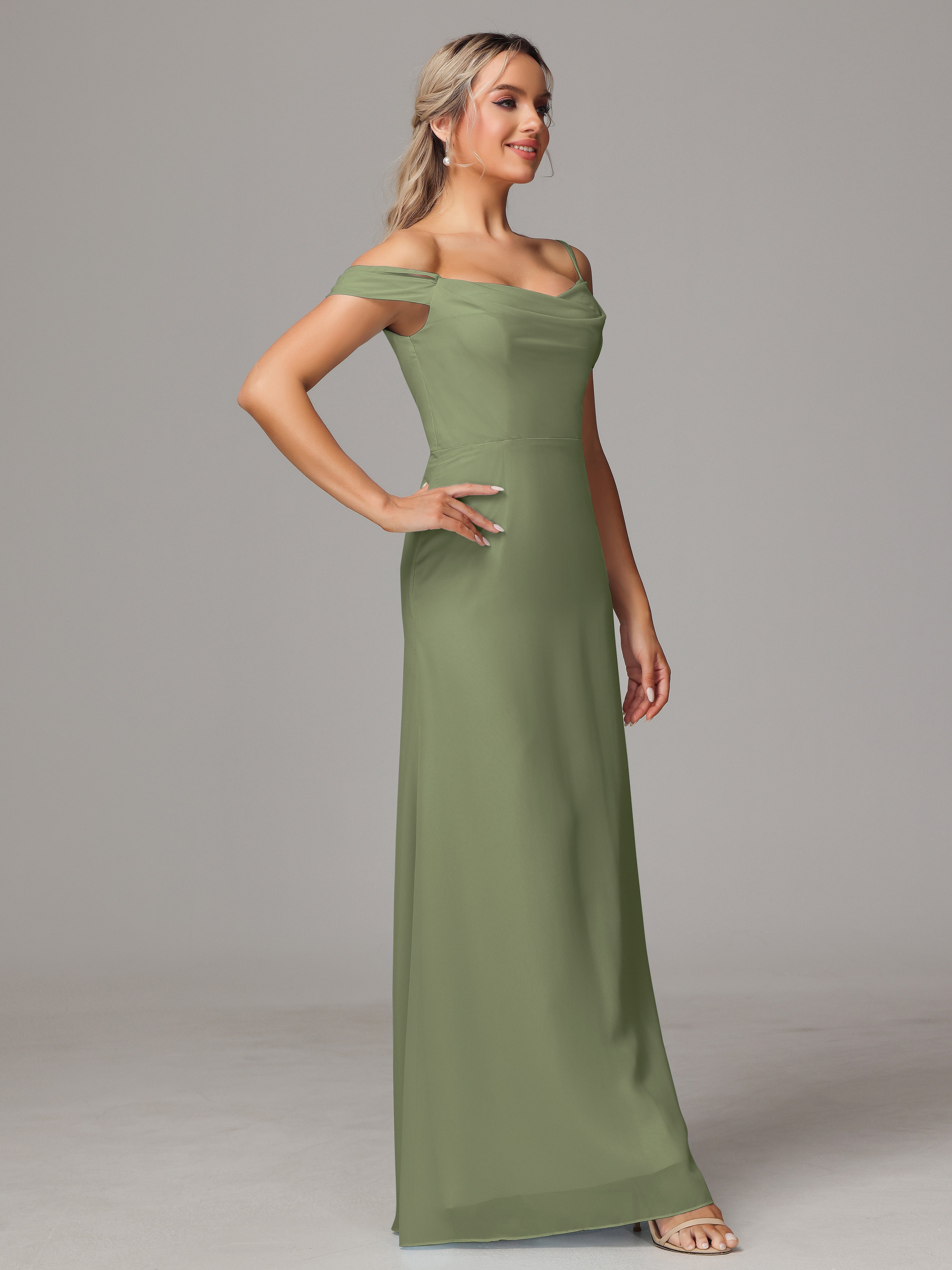 Spaghetti Straps Off The Shoulder Chiffon Bridesmaid Dress With Slit