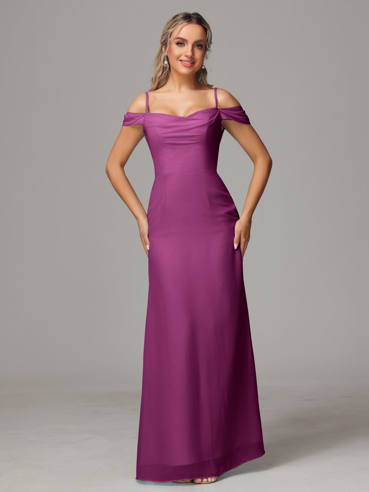 Spaghetti Straps Off The Shoulder Chiffon Bridesmaid Dress With Slit