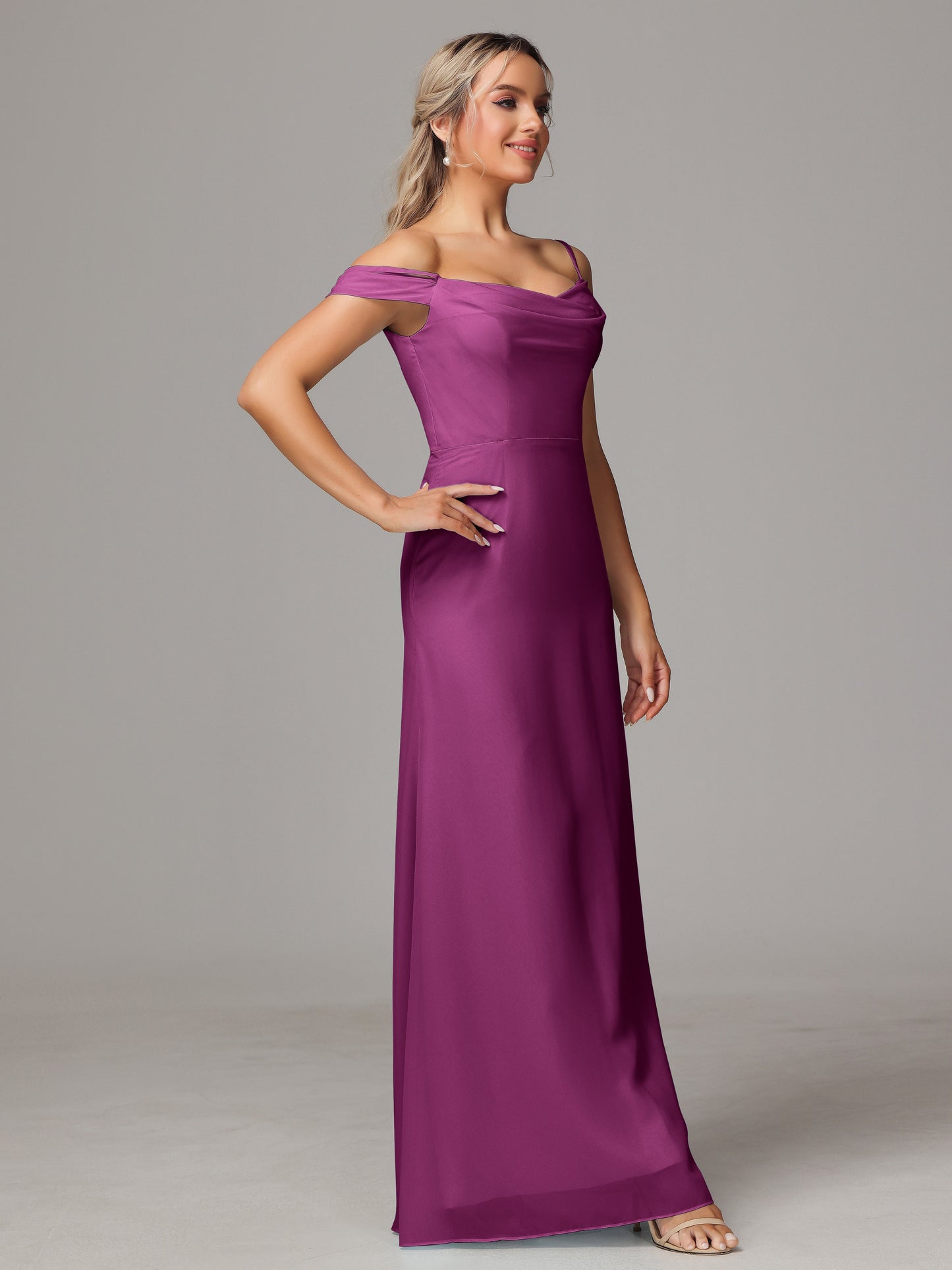 Spaghetti Straps Off The Shoulder Chiffon Bridesmaid Dress With Slit