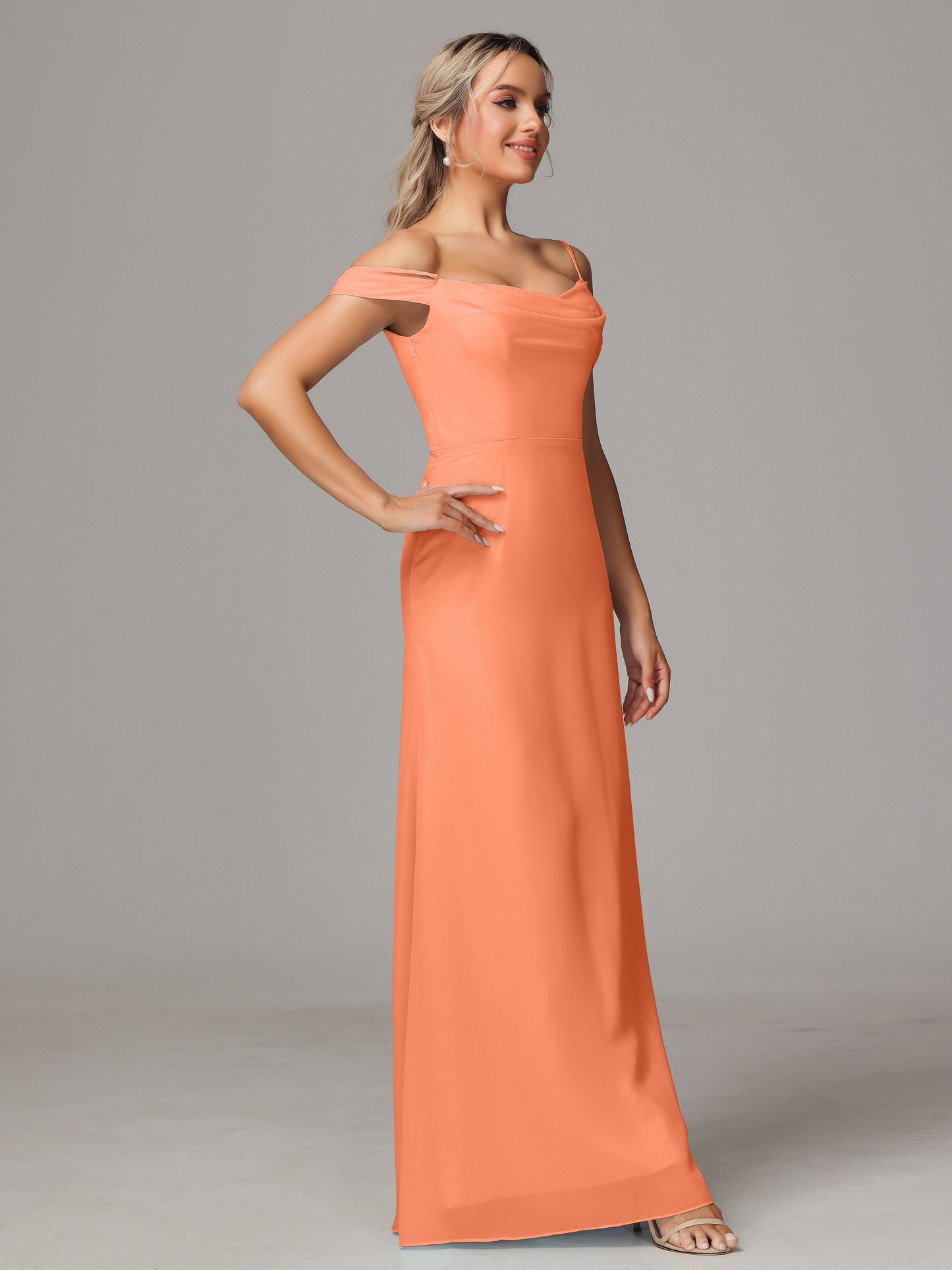 Spaghetti Straps Off The Shoulder Chiffon Bridesmaid Dress With Slit