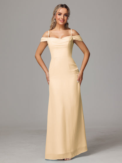 Spaghetti Straps Off The Shoulder Chiffon Bridesmaid Dress With Slit