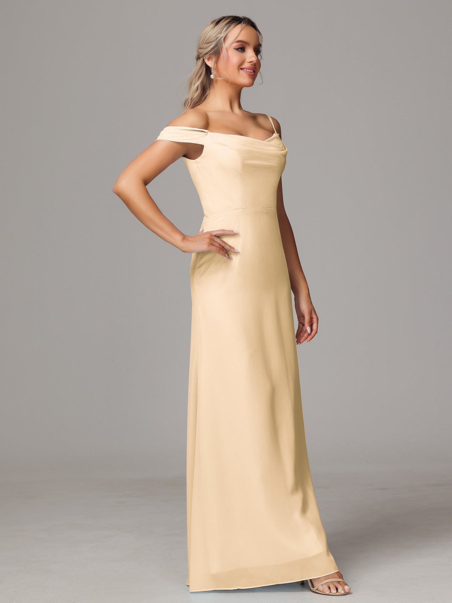 Spaghetti Straps Off The Shoulder Chiffon Bridesmaid Dress With Slit