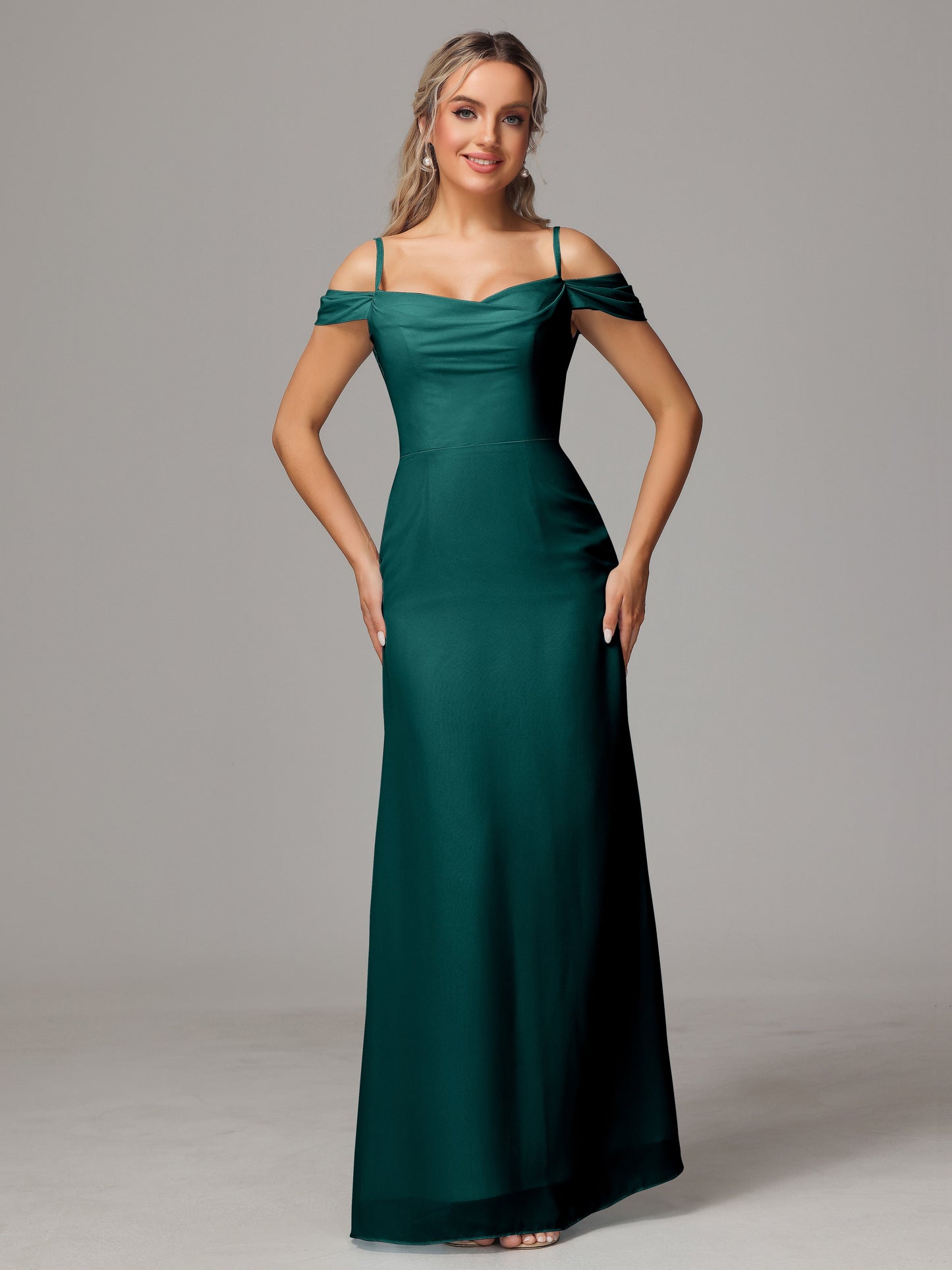 Spaghetti Straps Off The Shoulder Chiffon Bridesmaid Dress With Slit