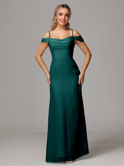 Spaghetti Straps Off The Shoulder Chiffon Bridesmaid Dress With Slit