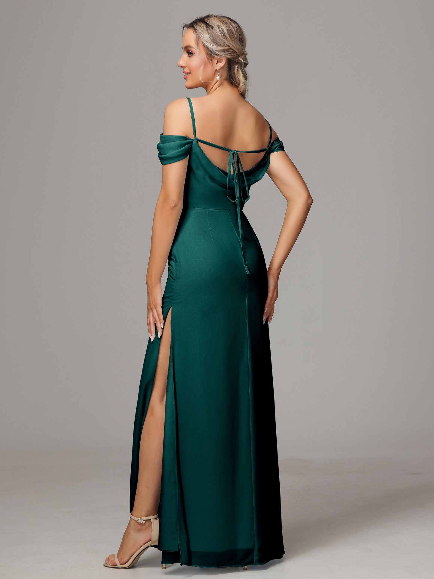Spaghetti Straps Off The Shoulder Chiffon Bridesmaid Dress With Slit
