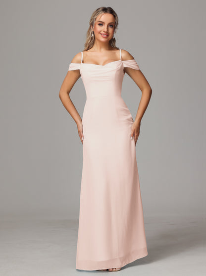 Spaghetti Straps Off The Shoulder Chiffon Bridesmaid Dress With Slit