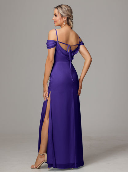 Spaghetti Straps Off The Shoulder Chiffon Bridesmaid Dress With Slit