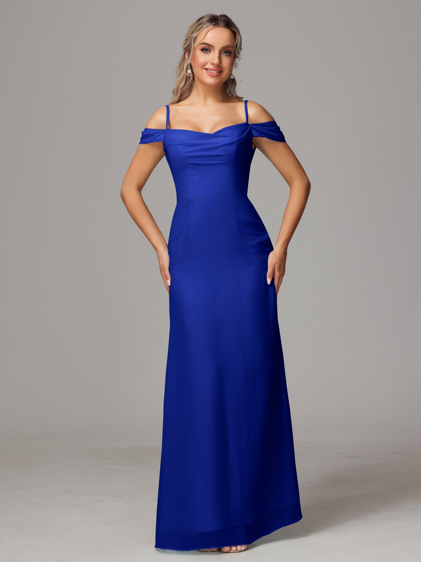 Spaghetti Straps Off The Shoulder Chiffon Bridesmaid Dress With Slit
