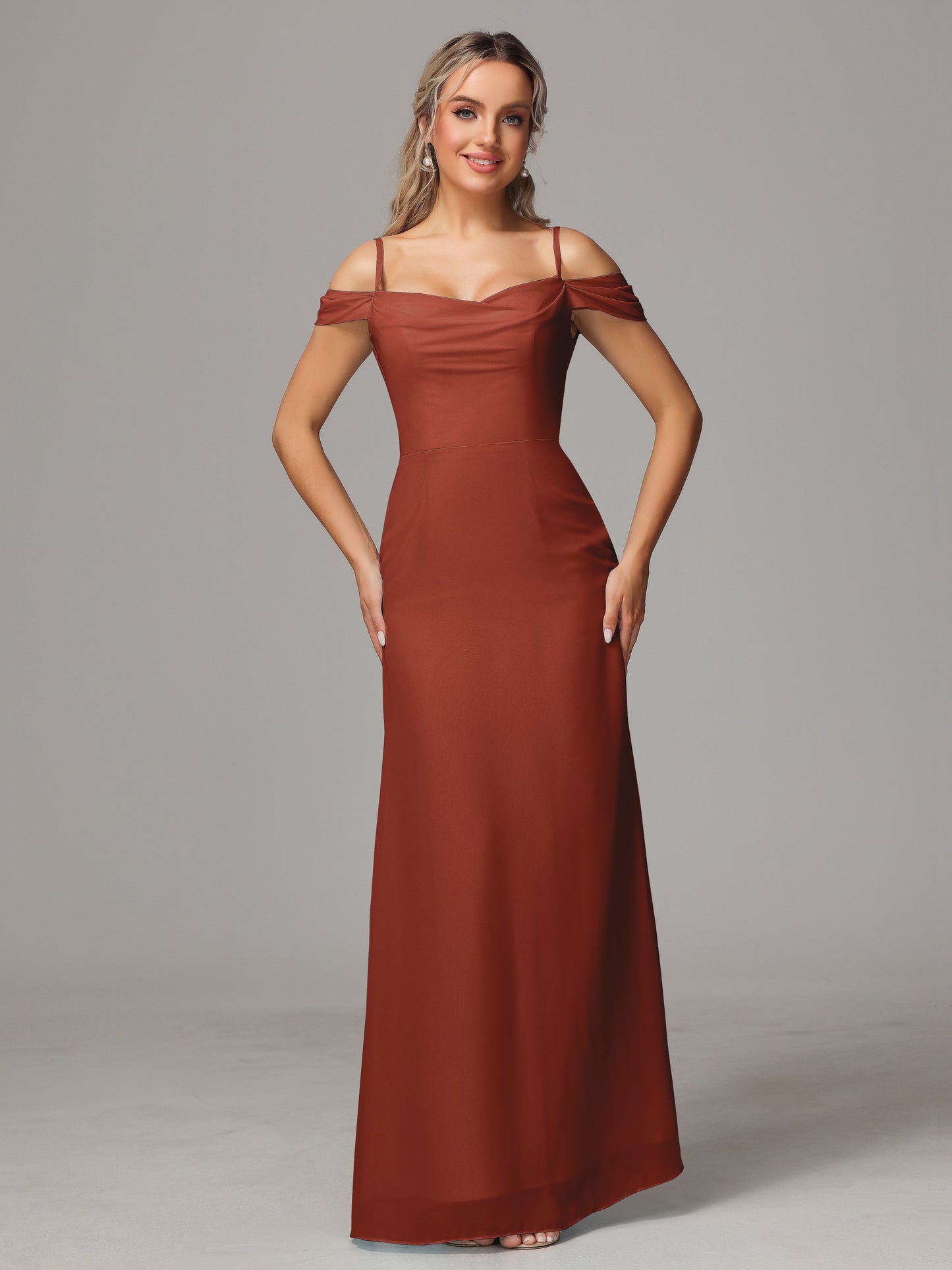 Spaghetti Straps Off The Shoulder Chiffon Bridesmaid Dress With Slit