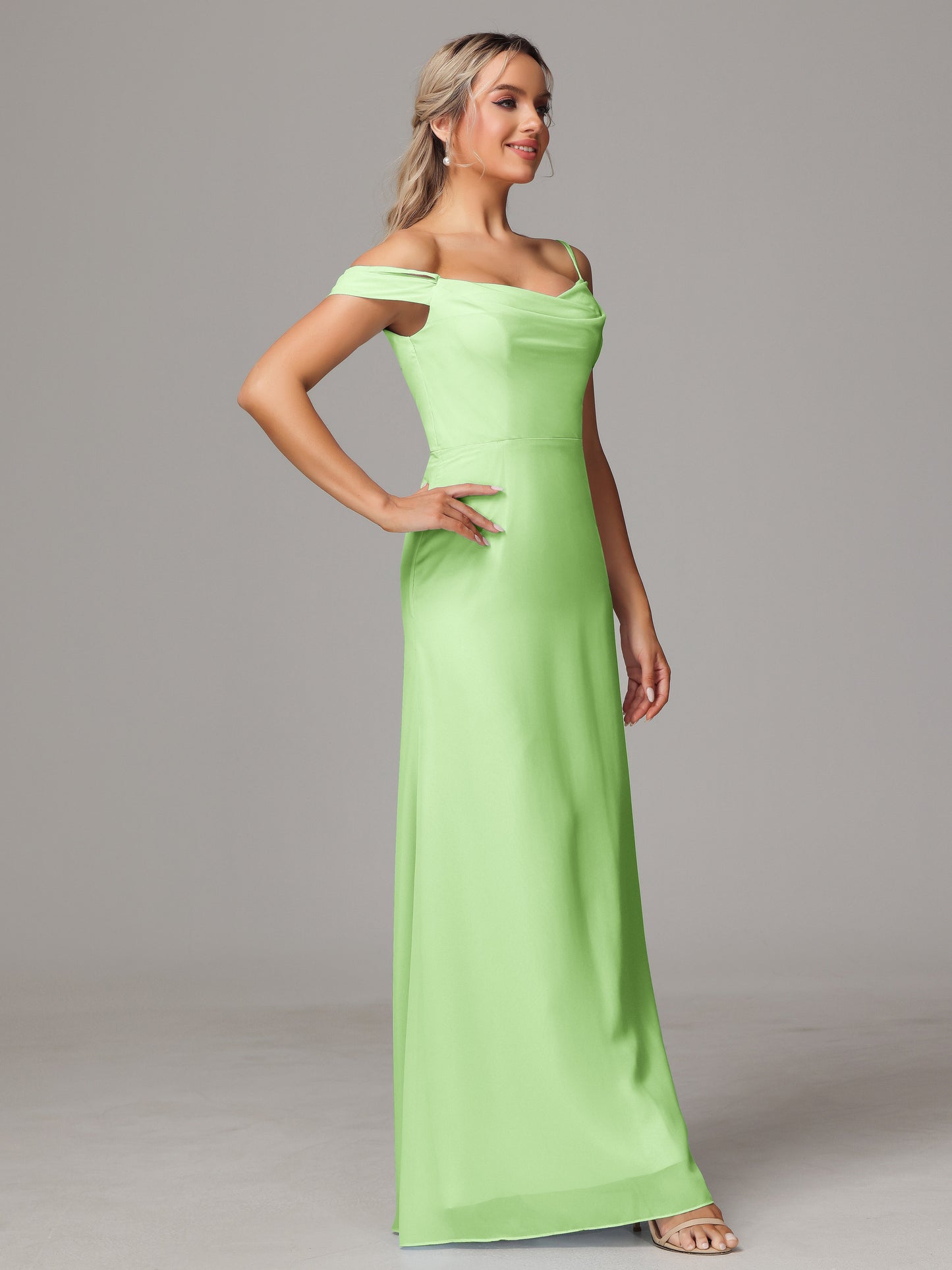 Spaghetti Straps Off The Shoulder Chiffon Bridesmaid Dress With Slit