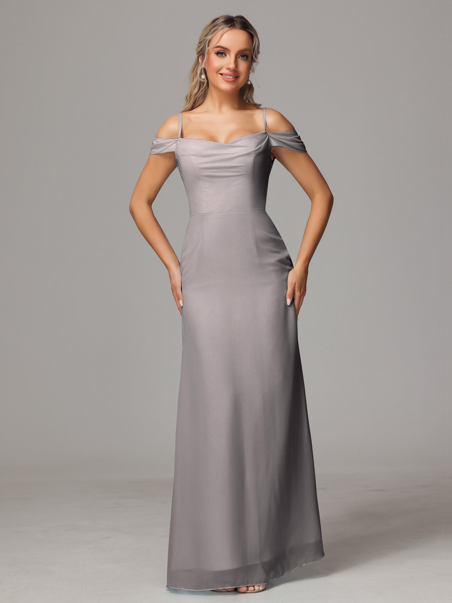 Spaghetti Straps Off The Shoulder Chiffon Bridesmaid Dress With Slit