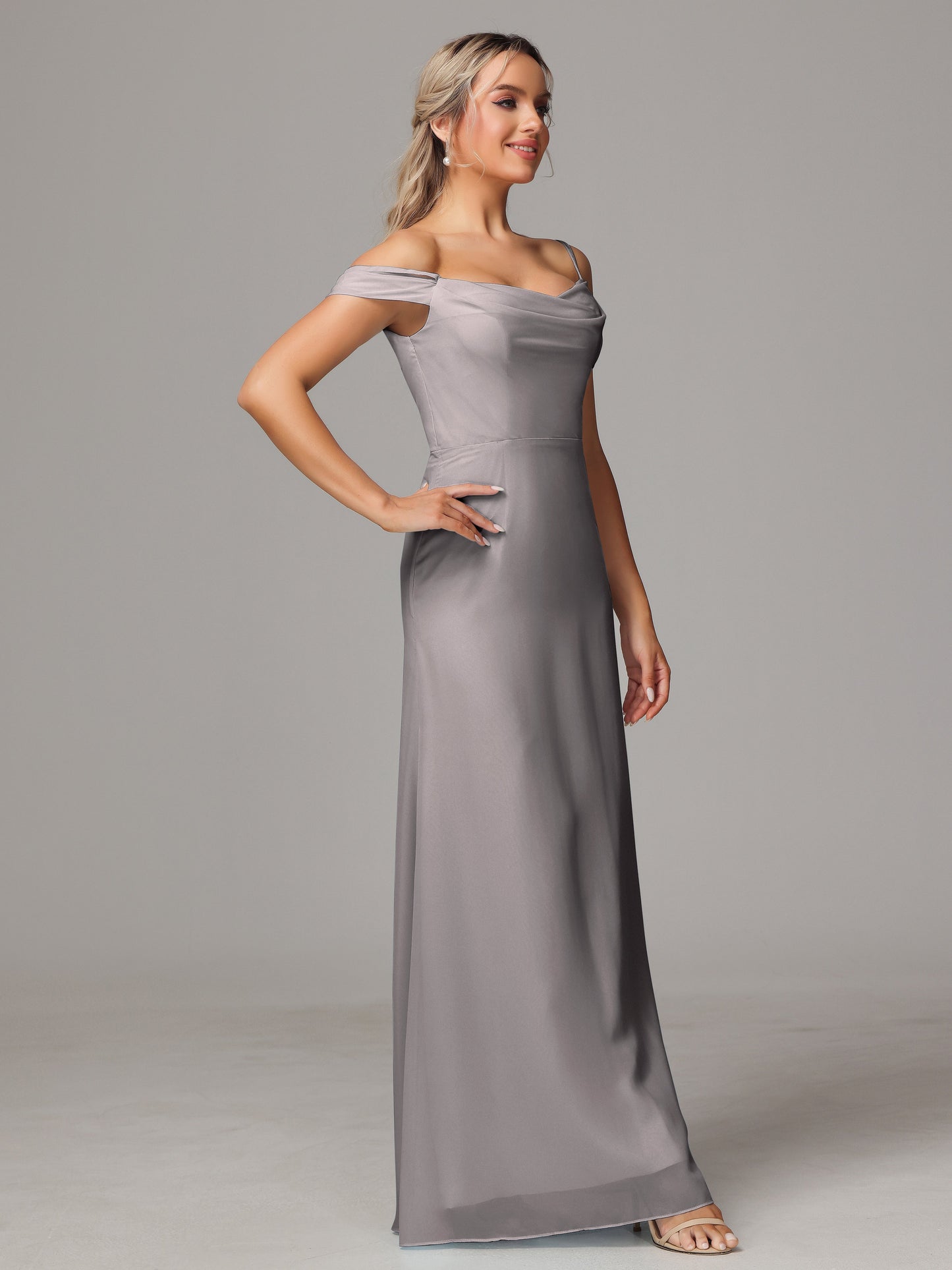 Spaghetti Straps Off The Shoulder Chiffon Bridesmaid Dress With Slit