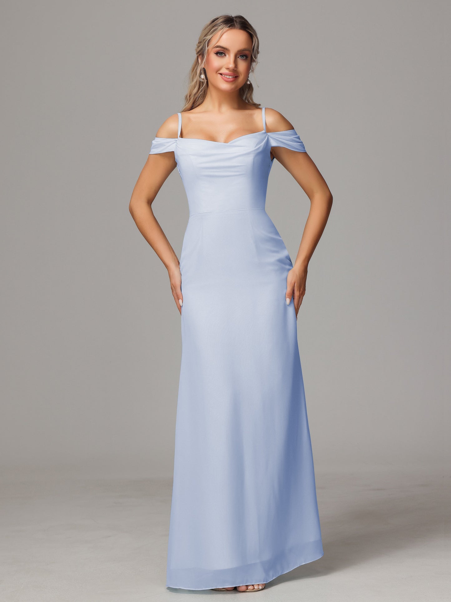 Spaghetti Straps Off The Shoulder Chiffon Bridesmaid Dress With Slit