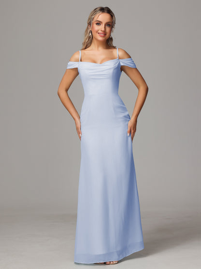 Spaghetti Straps Off The Shoulder Chiffon Bridesmaid Dress With Slit