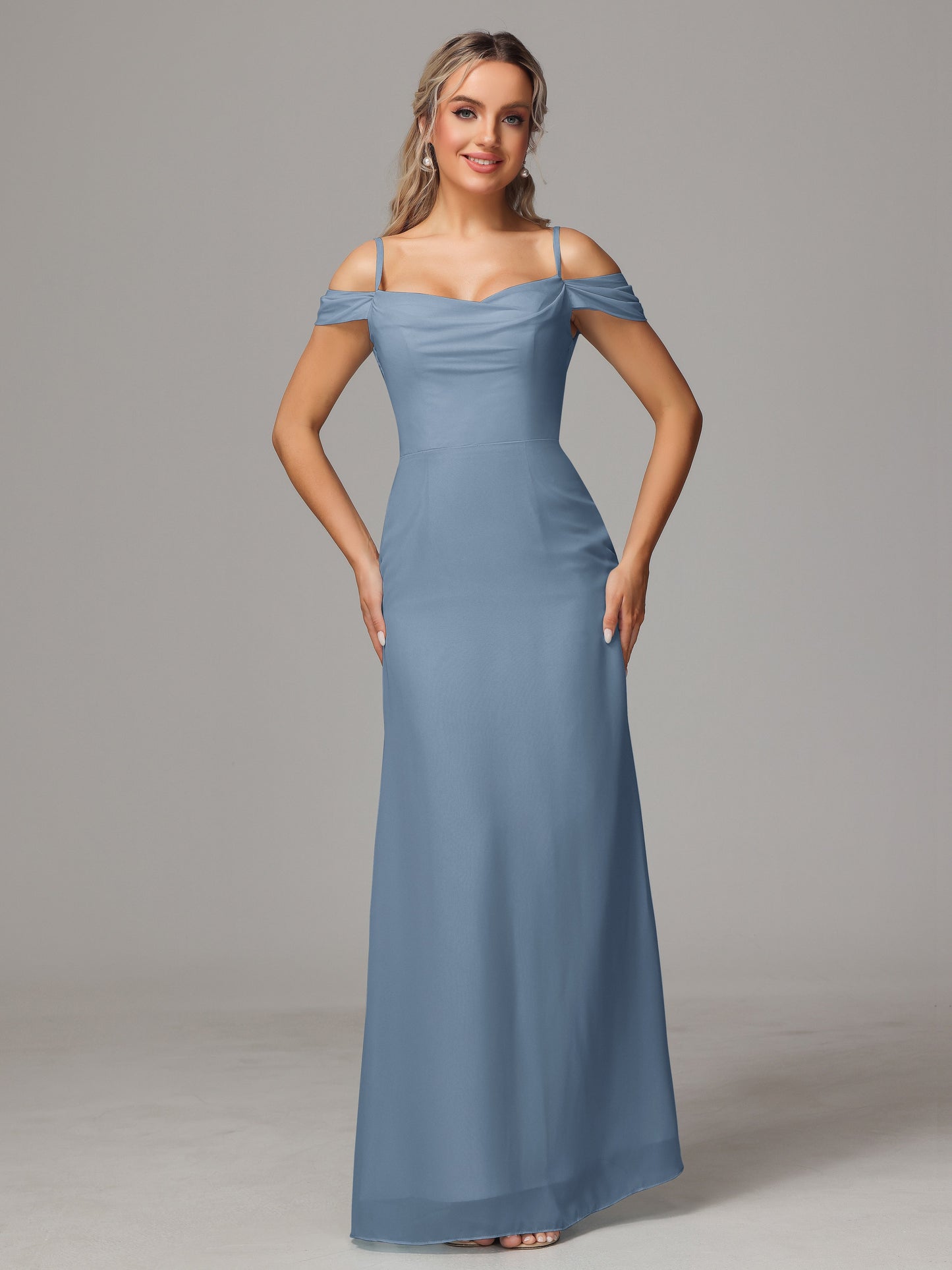 Spaghetti Straps Off The Shoulder Chiffon Bridesmaid Dress With Slit