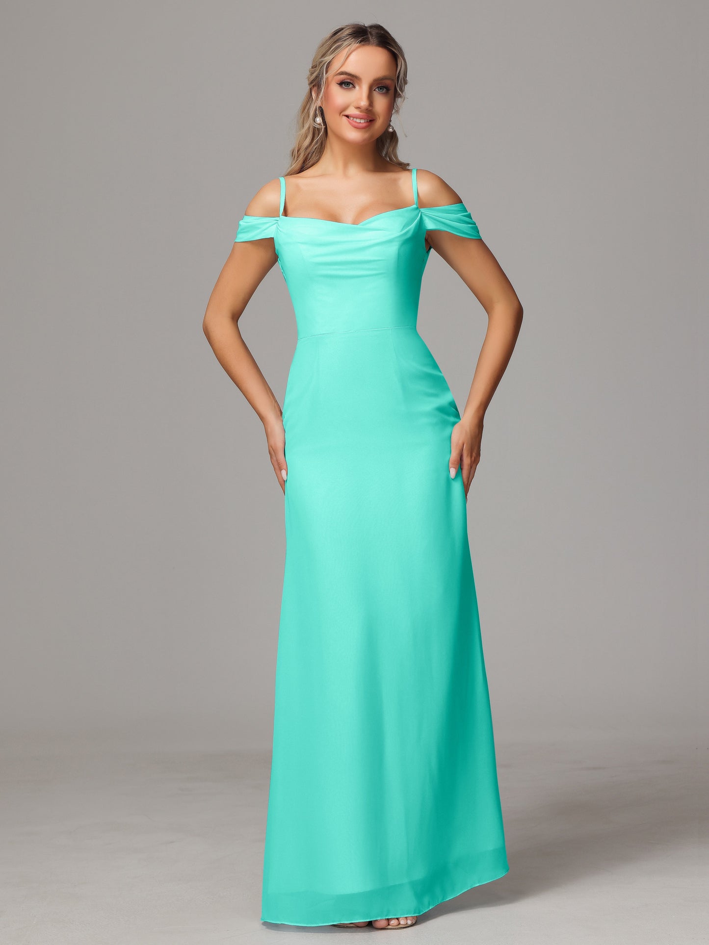 Spaghetti Straps Off The Shoulder Chiffon Bridesmaid Dress With Slit