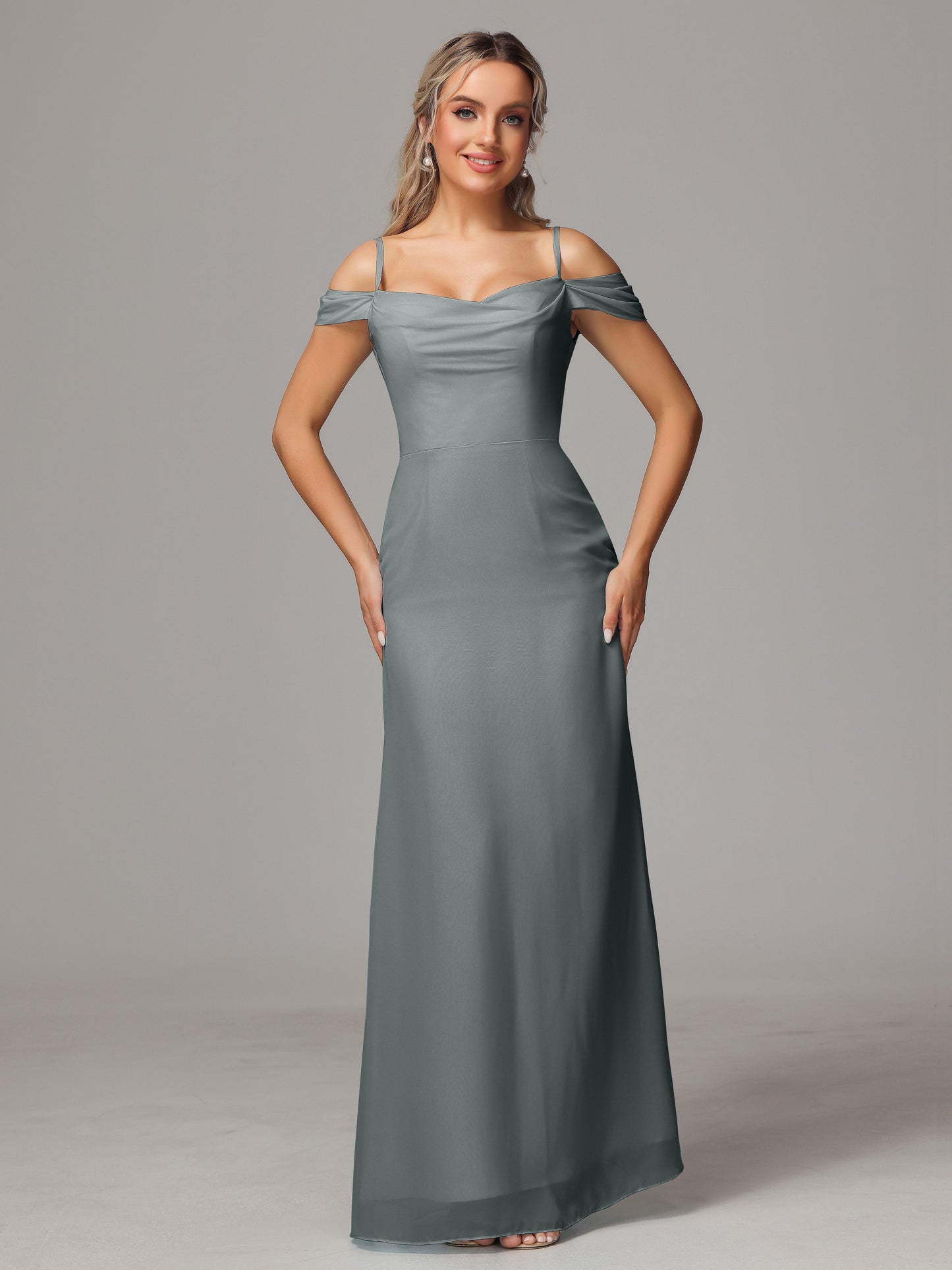 Spaghetti Straps Off The Shoulder Chiffon Bridesmaid Dress With Slit