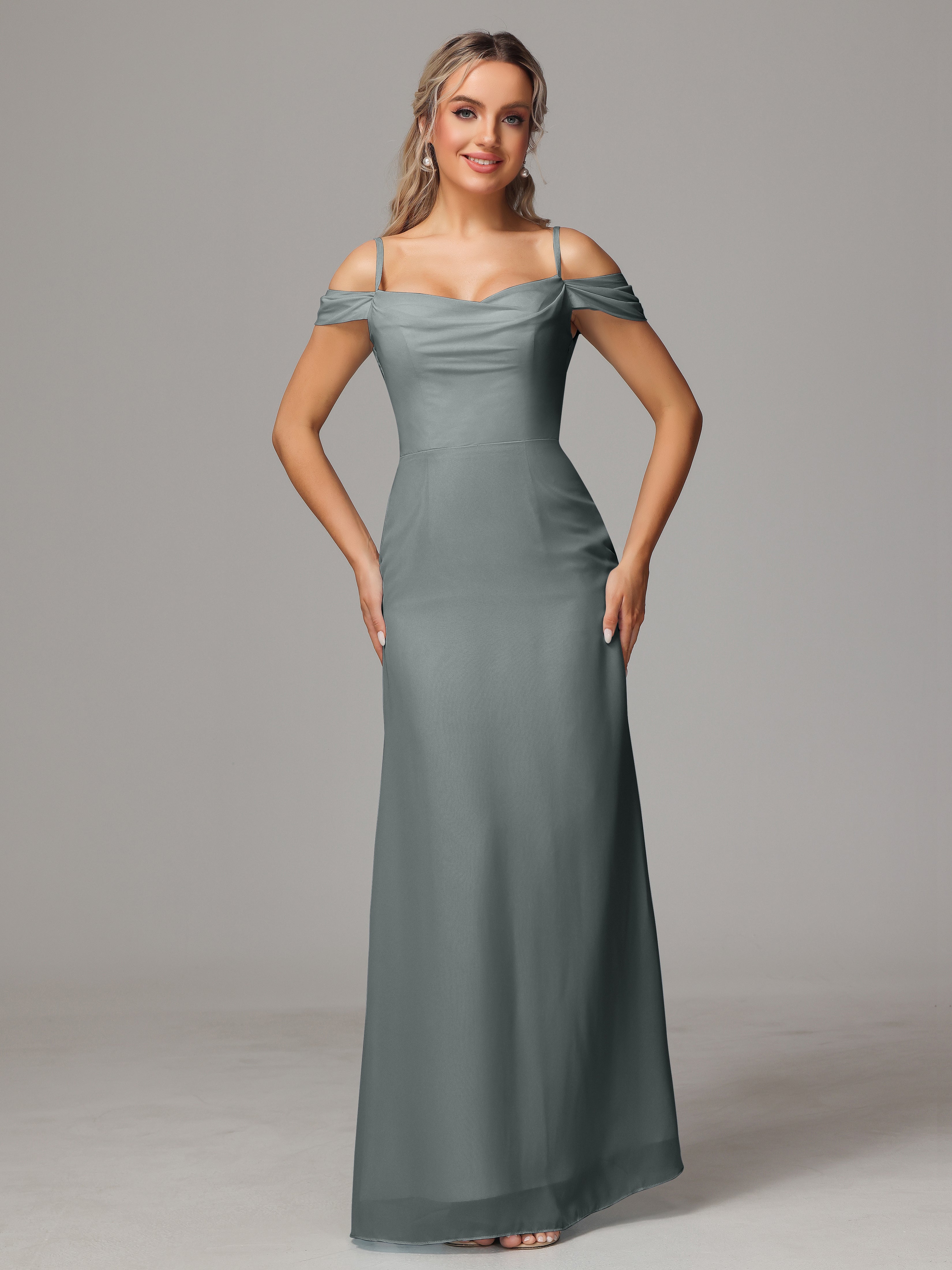 Spaghetti Straps Off The Shoulder Chiffon Bridesmaid Dress With Slit