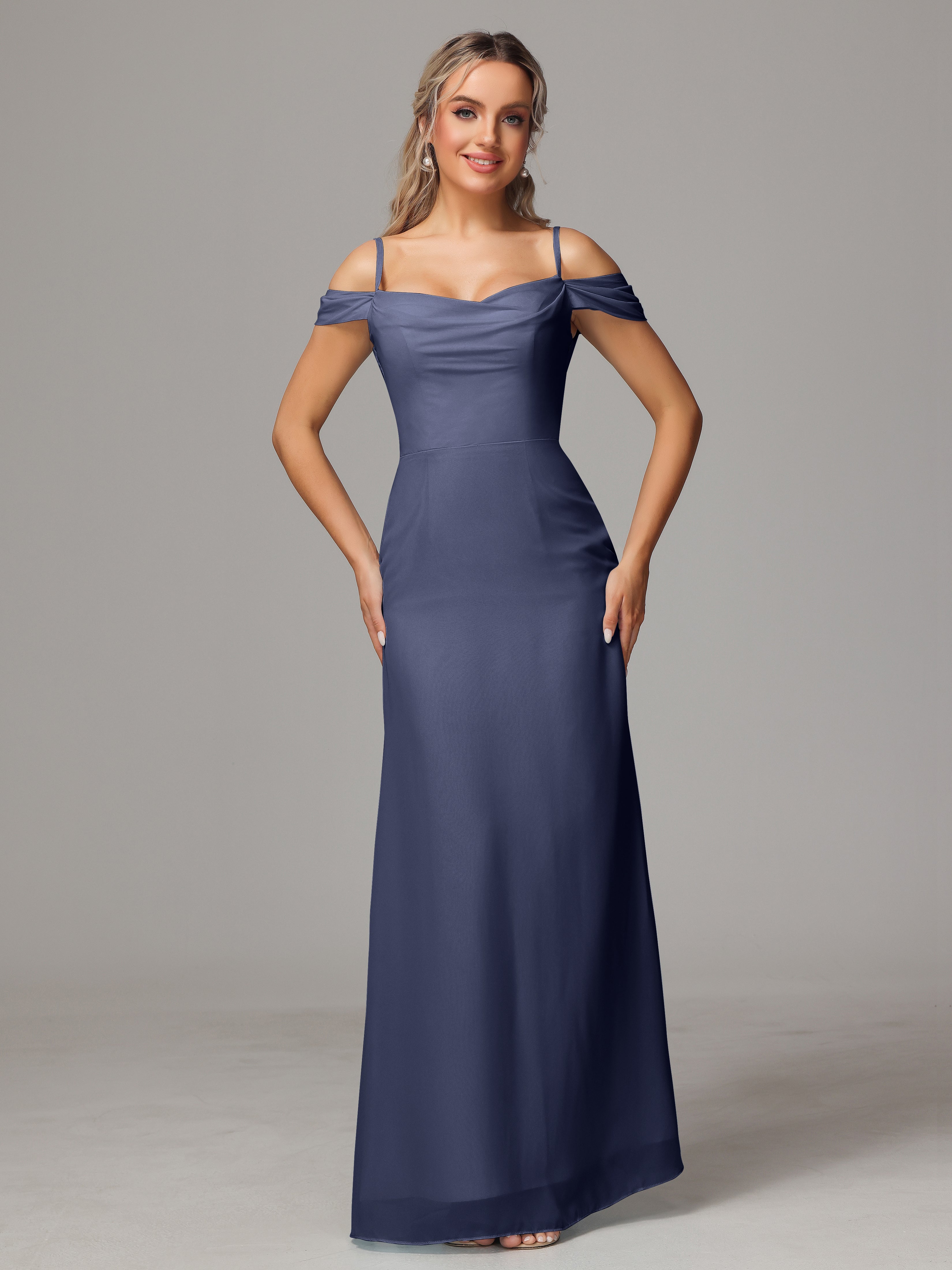 Spaghetti Straps Off The Shoulder Chiffon Bridesmaid Dress With Slit