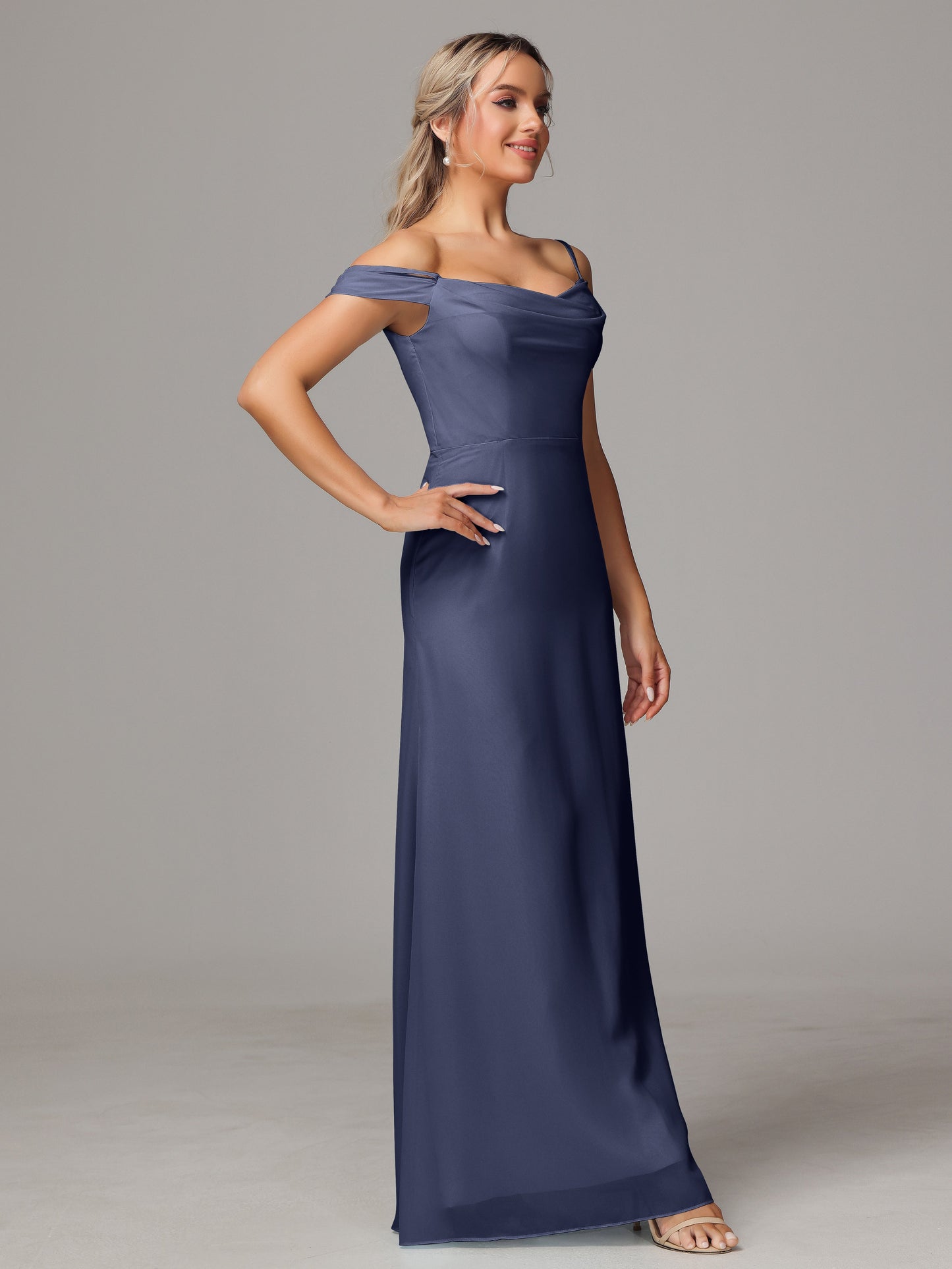 Spaghetti Straps Off The Shoulder Chiffon Bridesmaid Dress With Slit