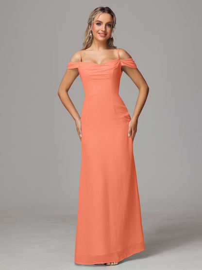 Spaghetti Straps Off The Shoulder Chiffon Bridesmaid Dress With Slit