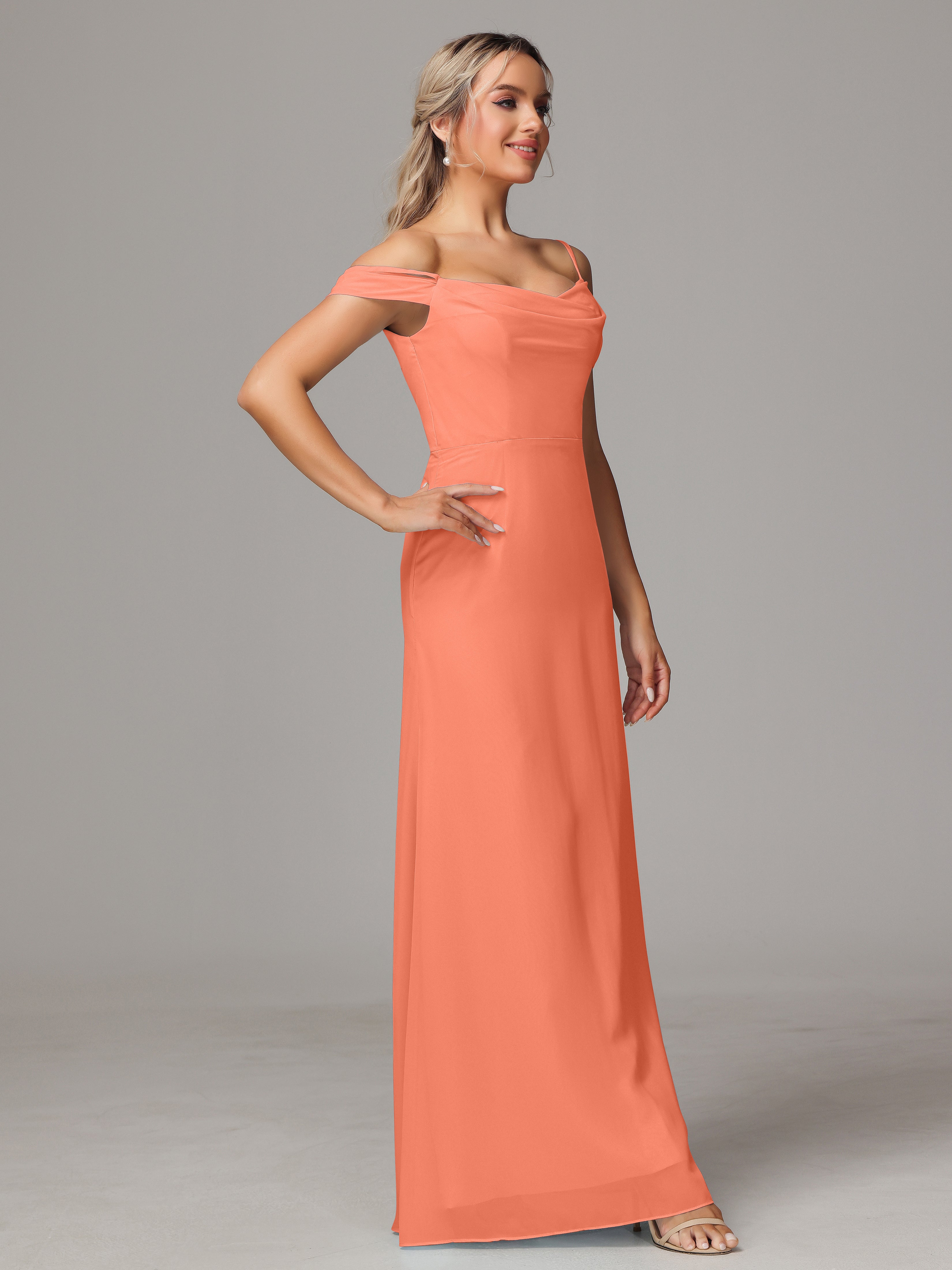 Spaghetti Straps Off The Shoulder Chiffon Bridesmaid Dress With Slit