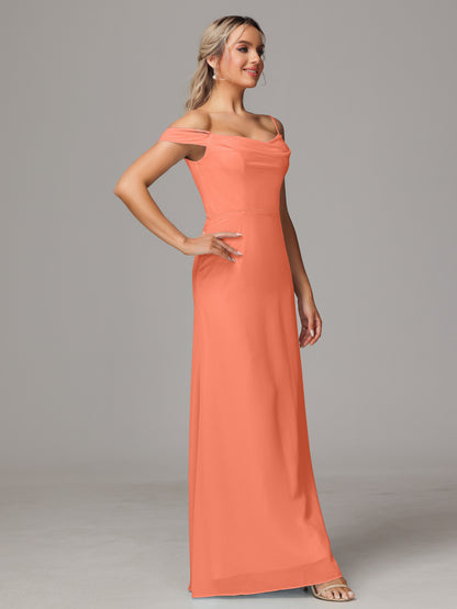 Spaghetti Straps Off The Shoulder Chiffon Bridesmaid Dress With Slit