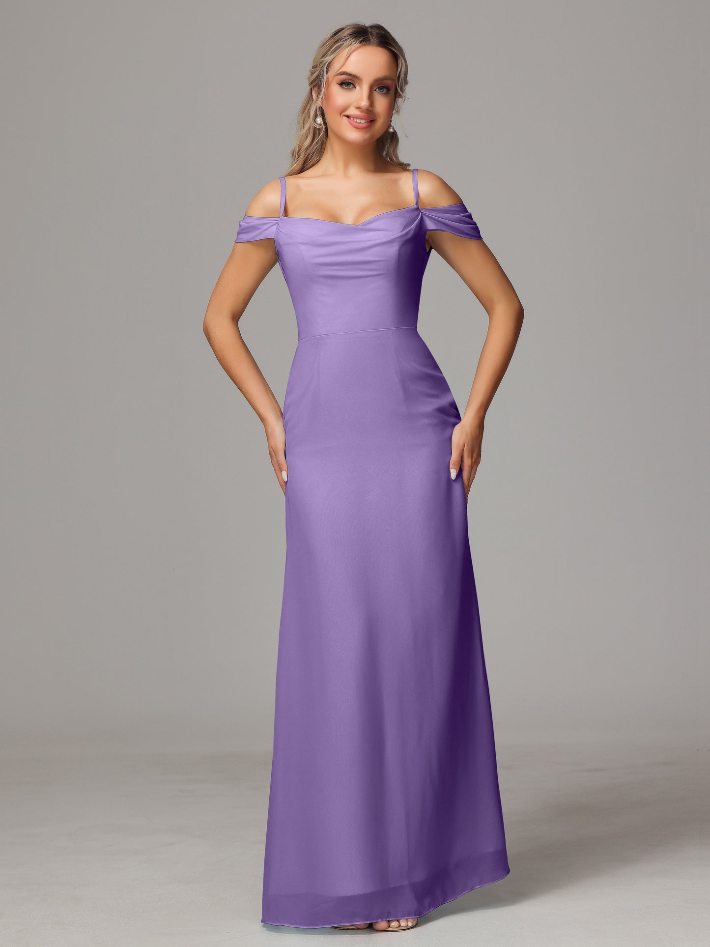Spaghetti Straps Off The Shoulder Chiffon Bridesmaid Dress With Slit