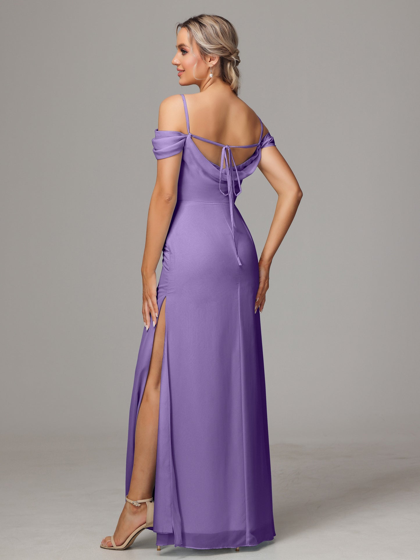 Spaghetti Straps Off The Shoulder Chiffon Bridesmaid Dress With Slit