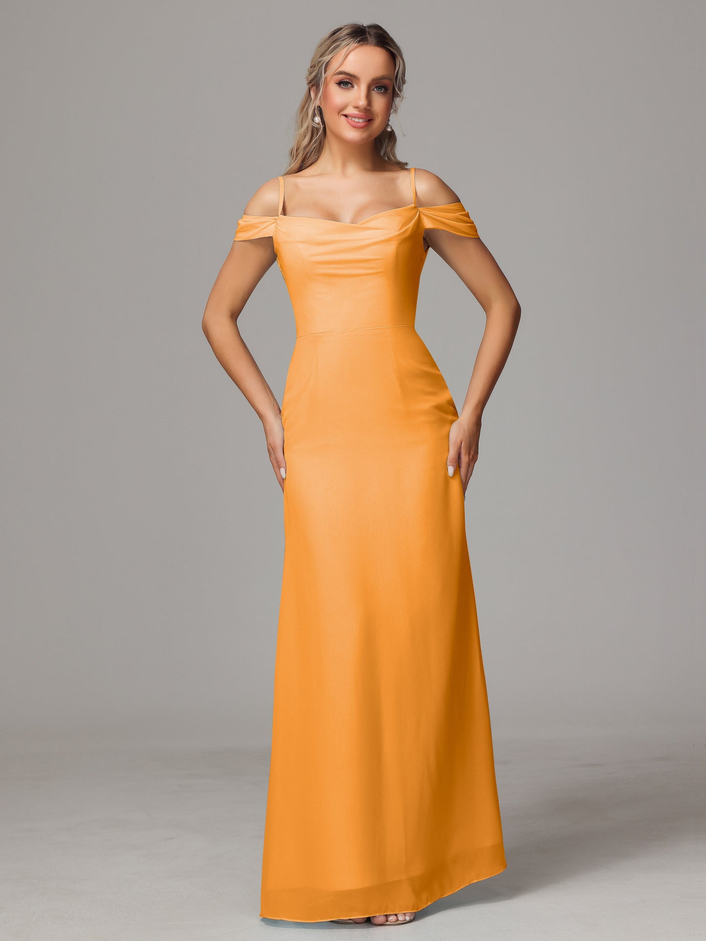 Spaghetti Straps Off The Shoulder Chiffon Bridesmaid Dress With Slit