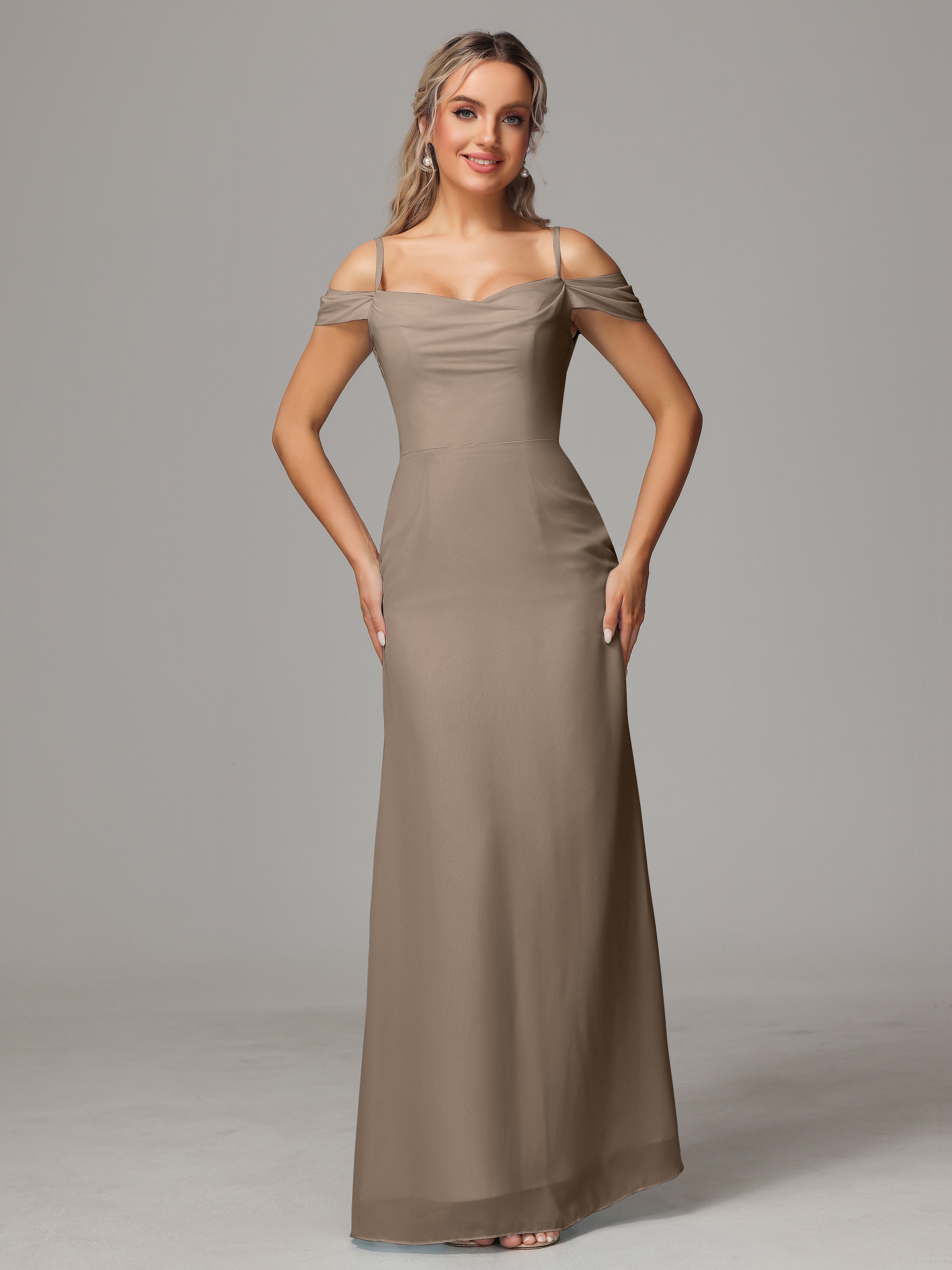 Spaghetti Straps Off The Shoulder Chiffon Bridesmaid Dress With Slit