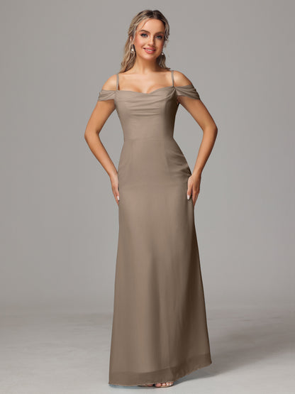 Spaghetti Straps Off The Shoulder Chiffon Bridesmaid Dress With Slit
